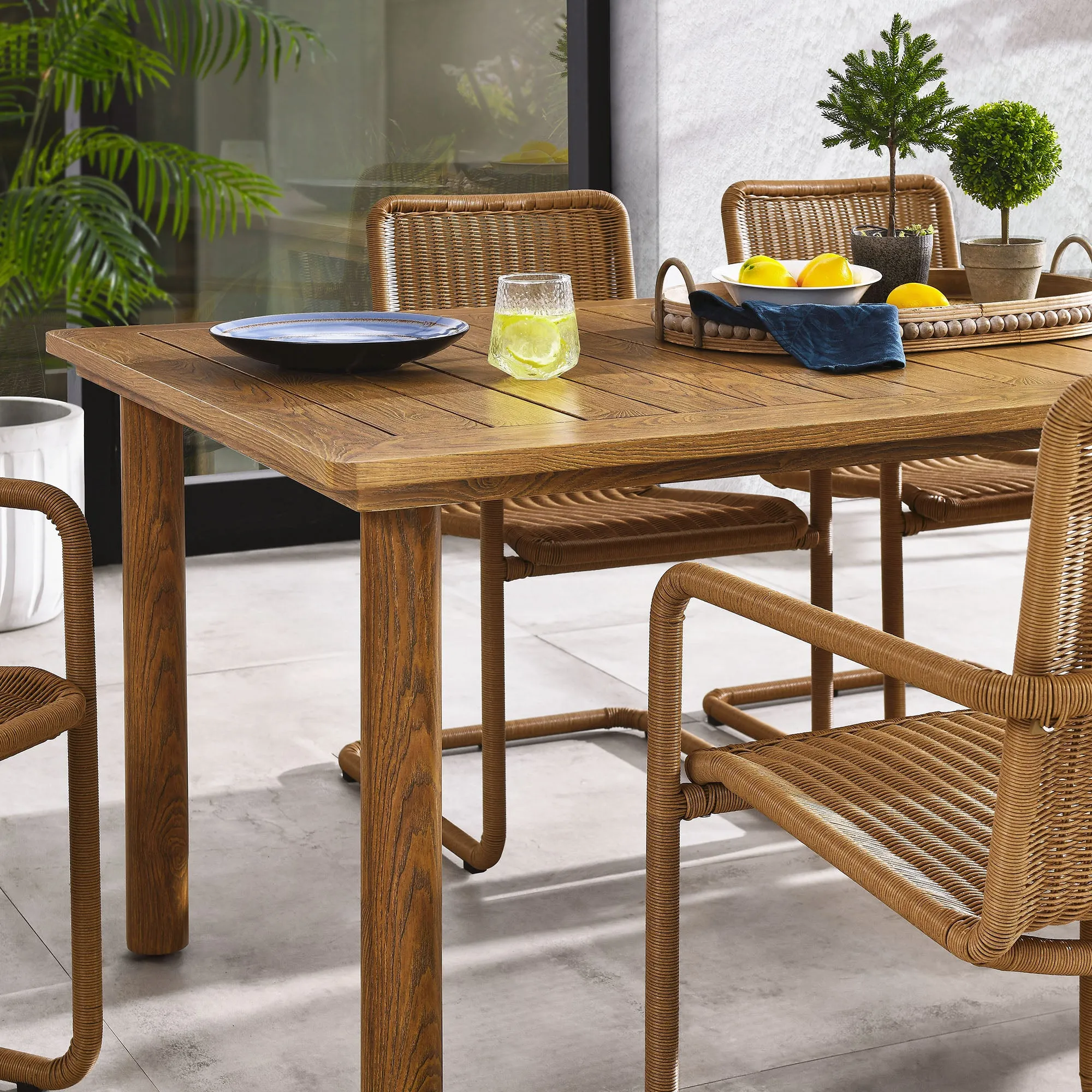 Abacus 7-Piece Rectangular Outdoor Patio Aluminum Dining Table Set with Rattan Armchairs by Modway