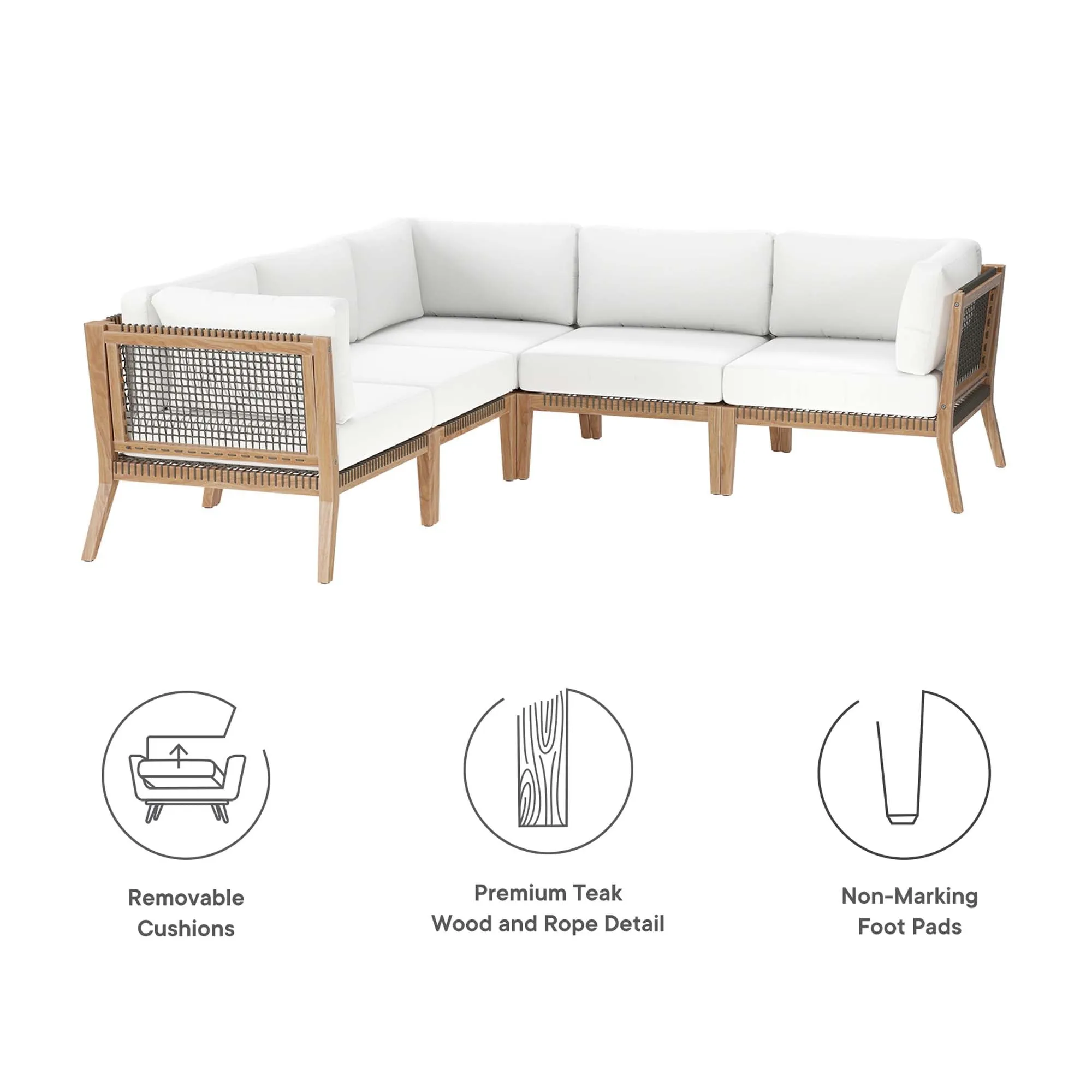 Clearwater Outdoor Patio Teak Wood 5-Piece Sectional Sofa by Modway