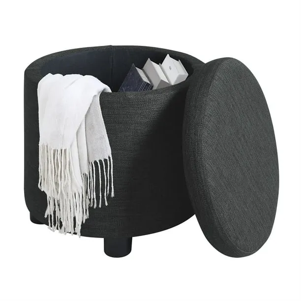 Convenience Concepts R9-221 Designs4Comfort Round Accent Storage Ottoman W/Reversible Tray Lid, Dark Charcoal Gray