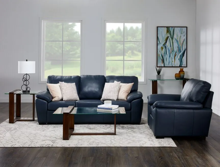 Gaetano Leather Sofa and Chair Set - Havana Atlantic Blue