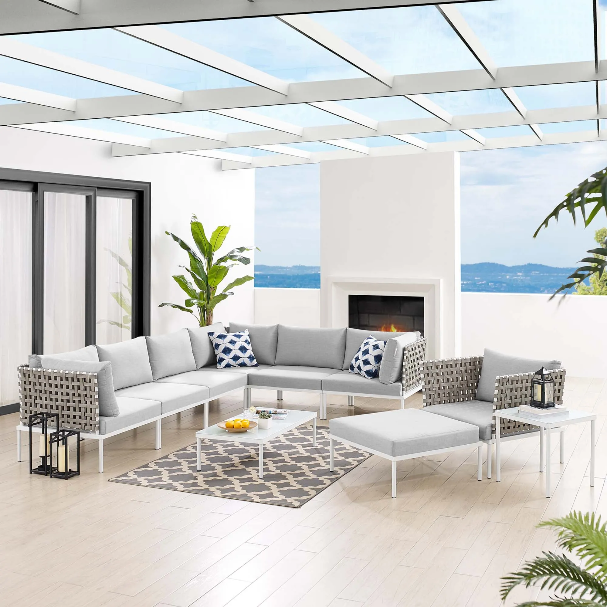 Harmony 10-Piece  Sunbrella® Basket Weave Outdoor Patio Aluminum Sectional Sofa Set by Modway