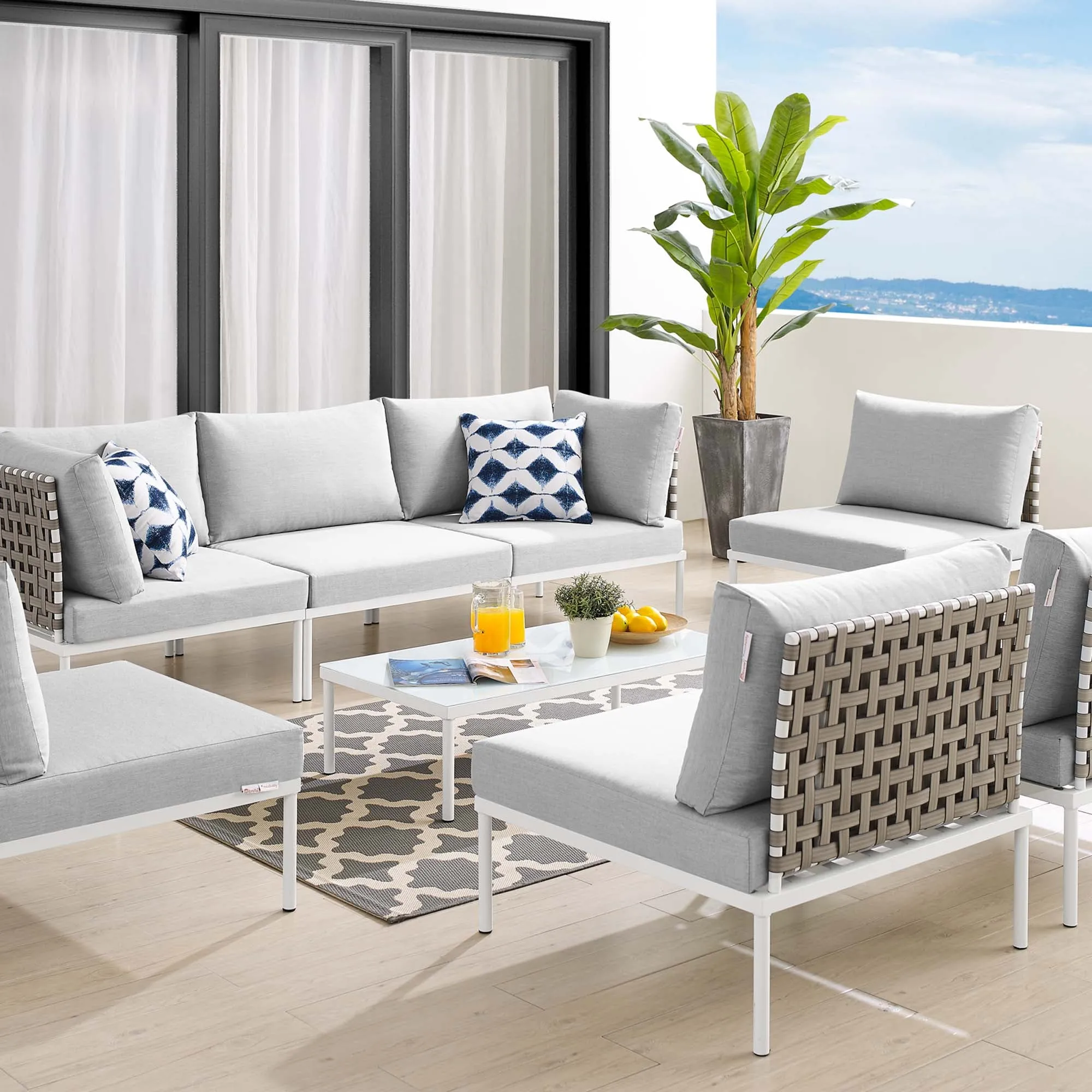 Harmony 8-Piece  Sunbrella® Basket Weave Outdoor Patio Aluminum Sectional Sofa Set by Modway