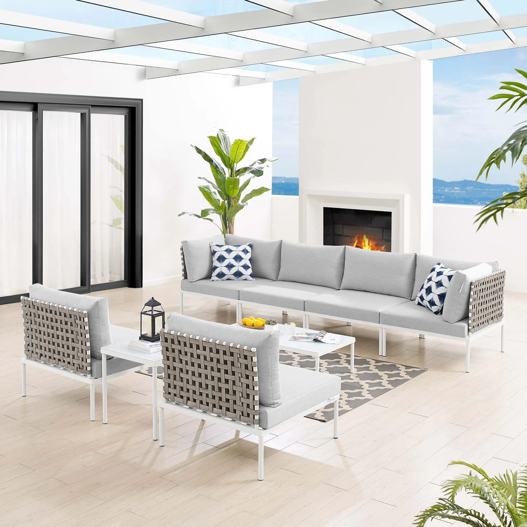 Harmony 8-Piece  Sunbrella® Basket Weave Outdoor Patio Aluminum Sectional Sofa Set by Modway