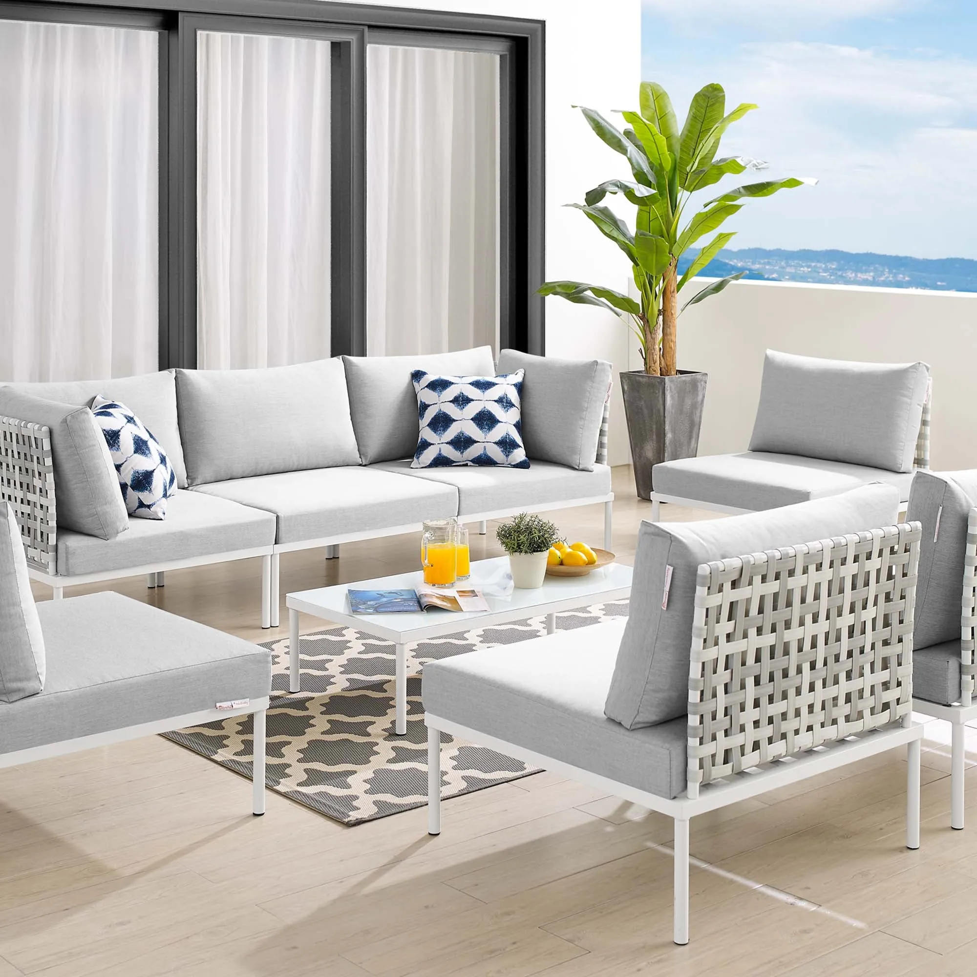 Harmony 8-Piece  Sunbrella® Basket Weave Outdoor Patio Aluminum Sectional Sofa Set by Modway