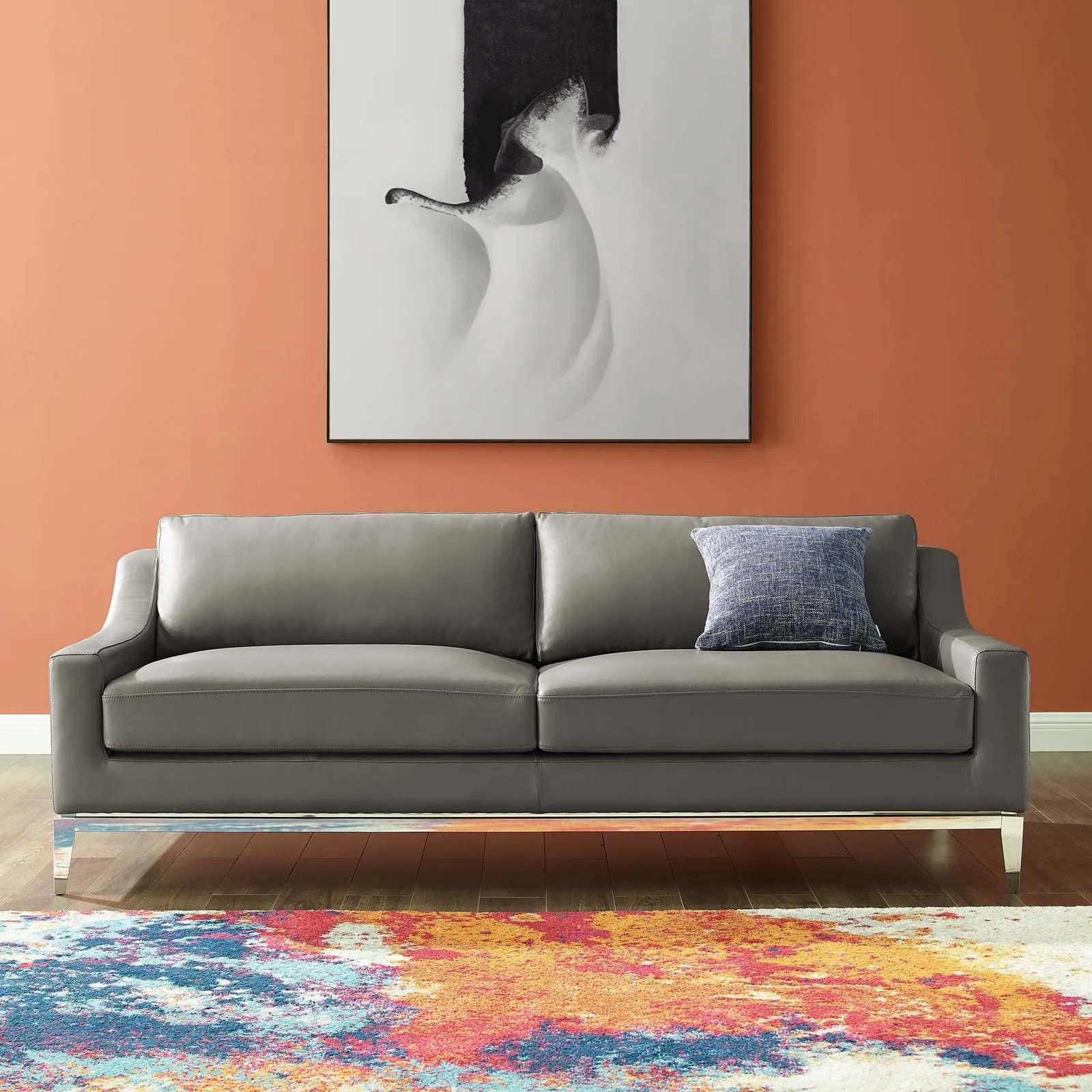 Harness 83.5" Stainless Steel Base Leather Sofa by Modway