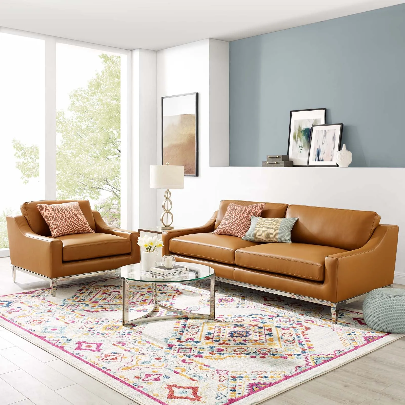 Harness Stainless Steel Base Leather Sofa & Armchair Set by Modway