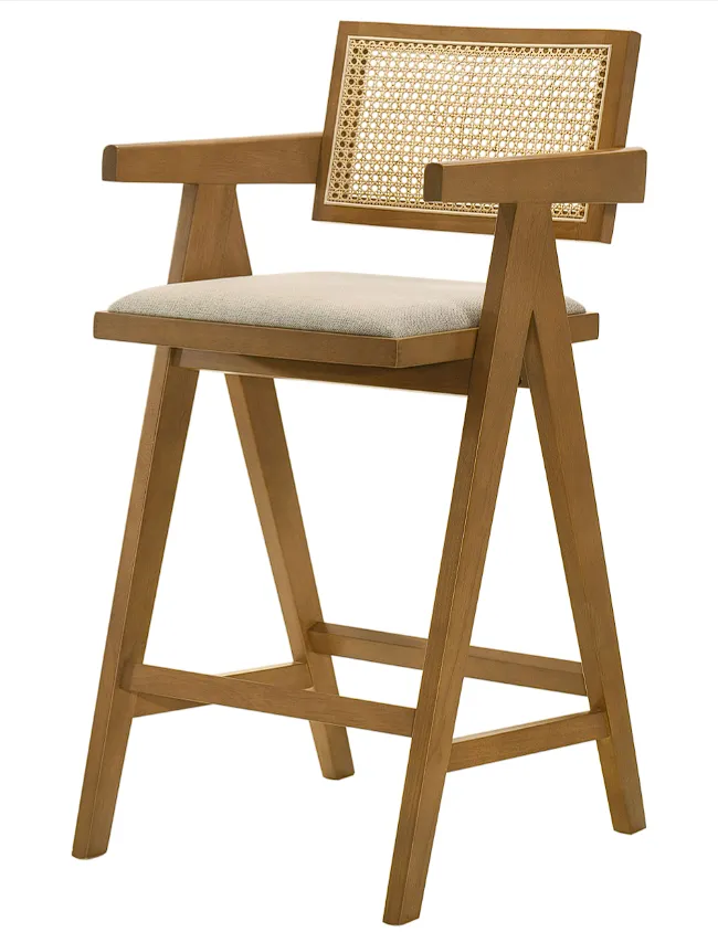 Kane Solid Wood Bar Stool With Woven Rattan Back And Upholstered Seat Light Walnut