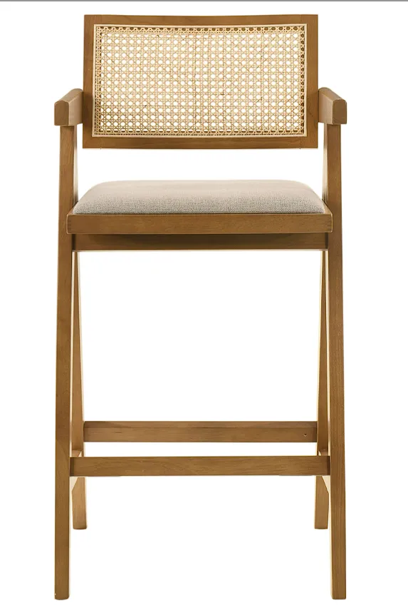Kane Solid Wood Bar Stool With Woven Rattan Back And Upholstered Seat Light Walnut
