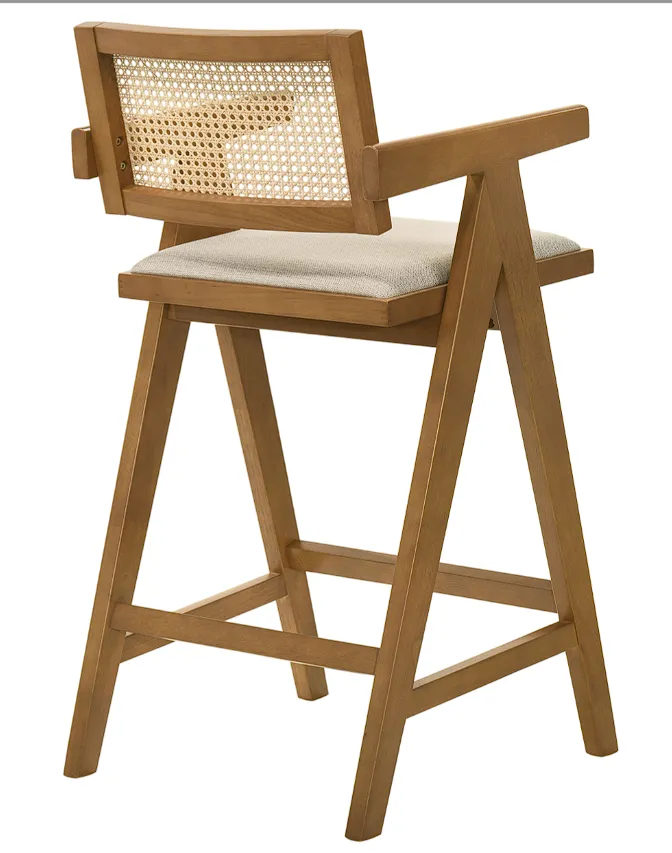 Kane Solid Wood Bar Stool With Woven Rattan Back And Upholstered Seat Light Walnut