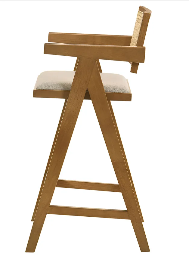 Kane Solid Wood Bar Stool With Woven Rattan Back And Upholstered Seat Light Walnut
