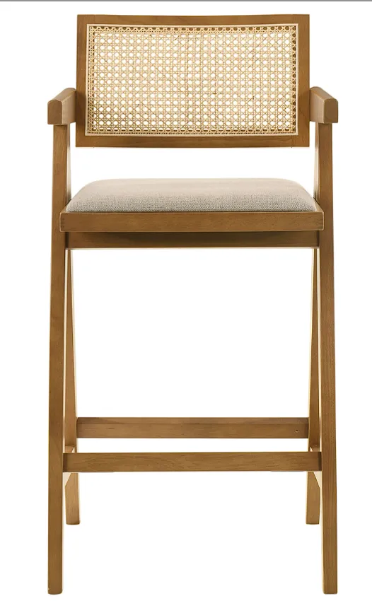 Kane Solid Wood Bar Stool With Woven Rattan Back And Upholstered Seat Light Walnut