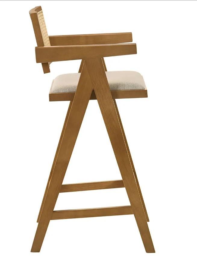 Kane Solid Wood Bar Stool With Woven Rattan Back And Upholstered Seat Light Walnut