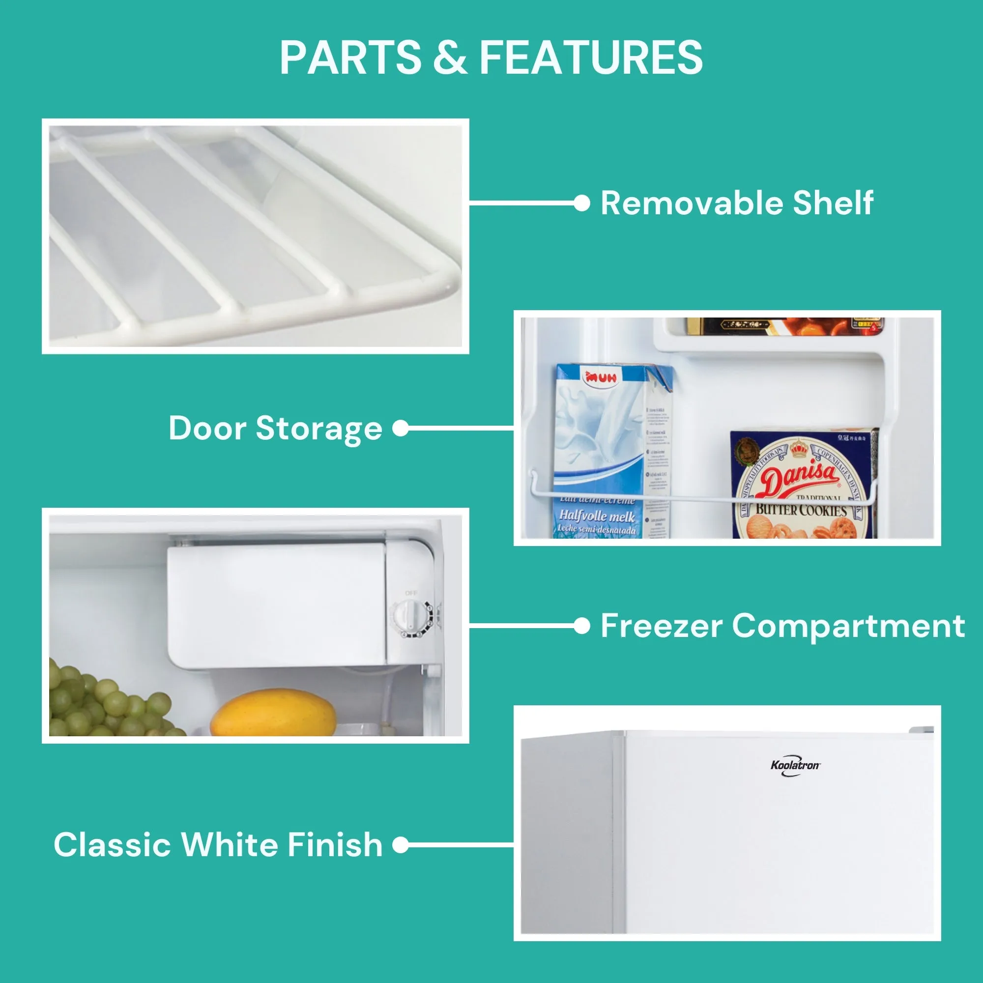 Koolatron 1.7 Cu Ft (47L) Compact Fridge With Freezer | White | Compressor Mini Fridge | Reversible Door | Flat Back | Removable Shelf | Snacks Frozen Meals Drinks Beer Beverages College Dorm Office