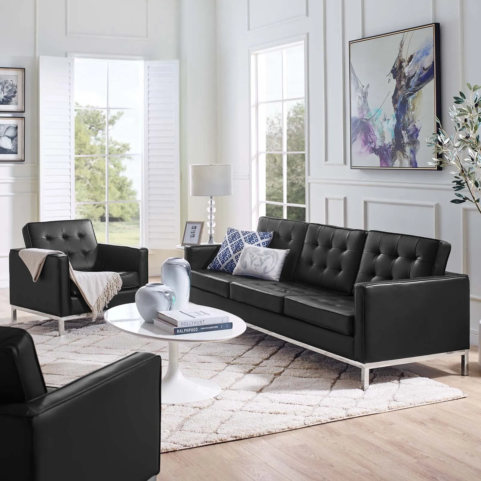 Loft Tufted Upholstered Faux Leather Sofa and Armchair Set by Modway