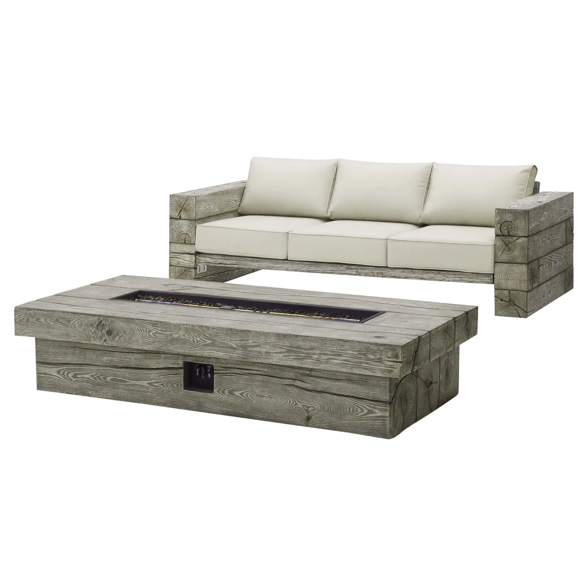 Manteo Rustic Coastal Outdoor Patio Sunbrella® Sofa and Fire Pit Set by Modway