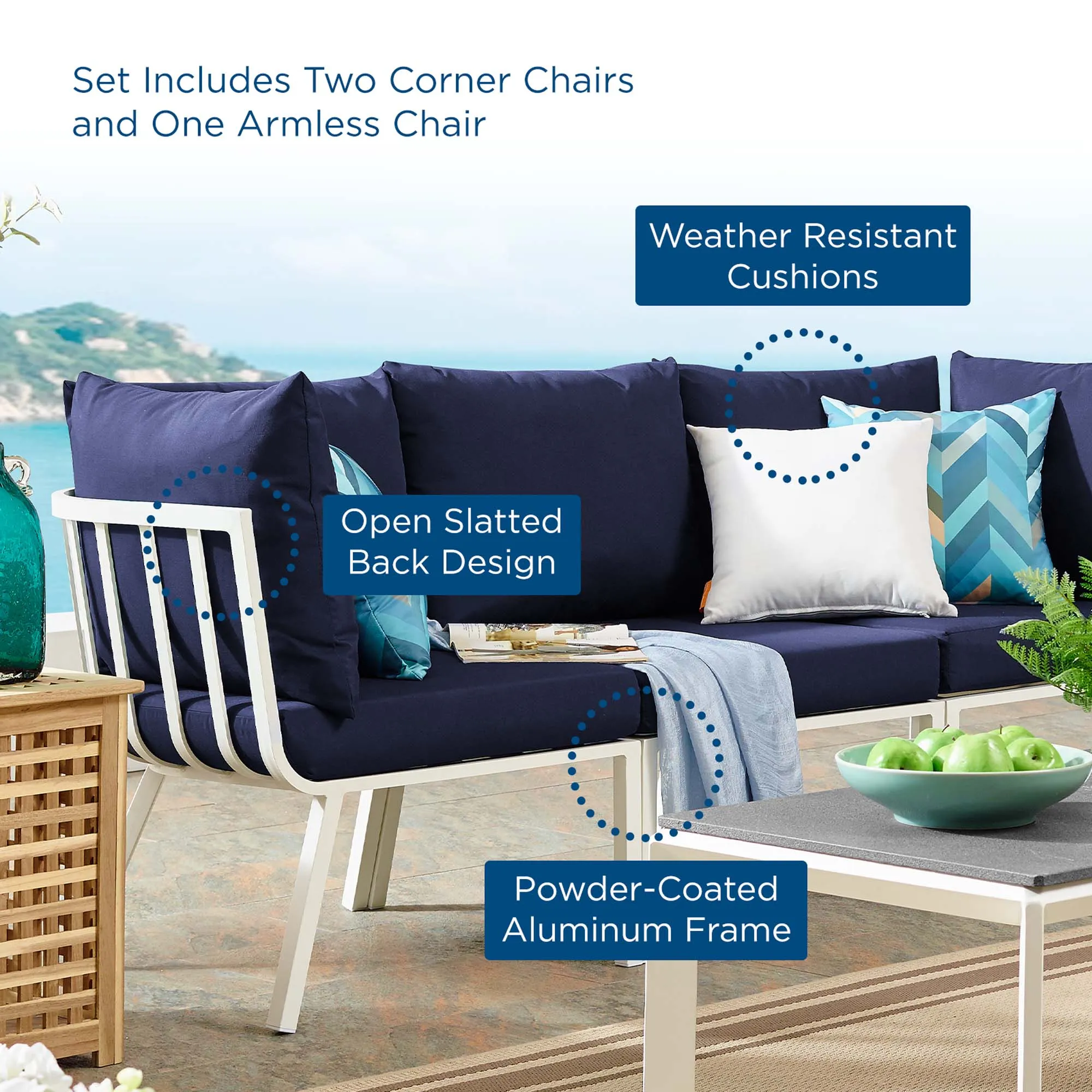 Riverside 3 Piece Outdoor Patio Aluminum Sectional Sofa Set by Modway