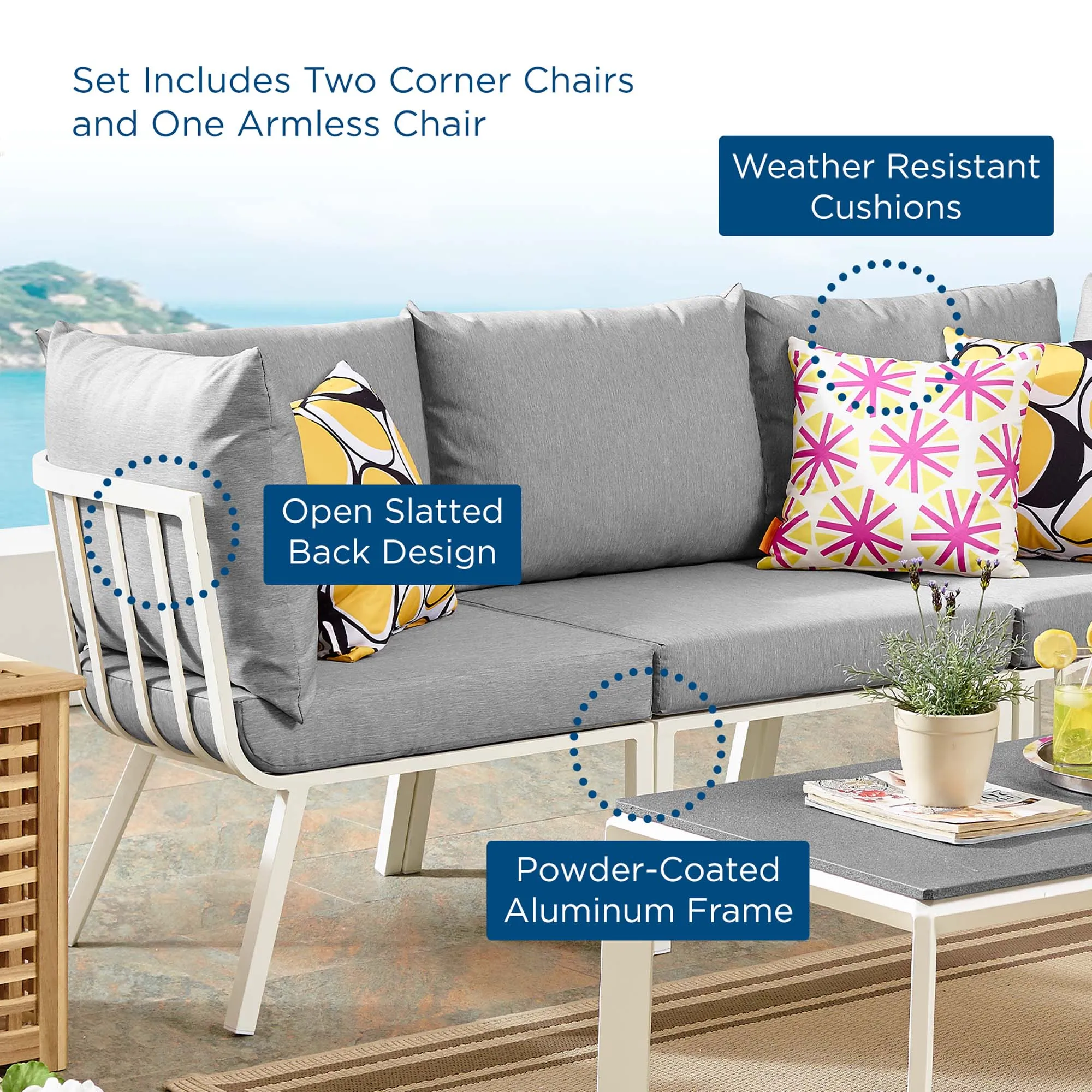 Riverside 3 Piece Outdoor Patio Aluminum Sectional Sofa Set by Modway