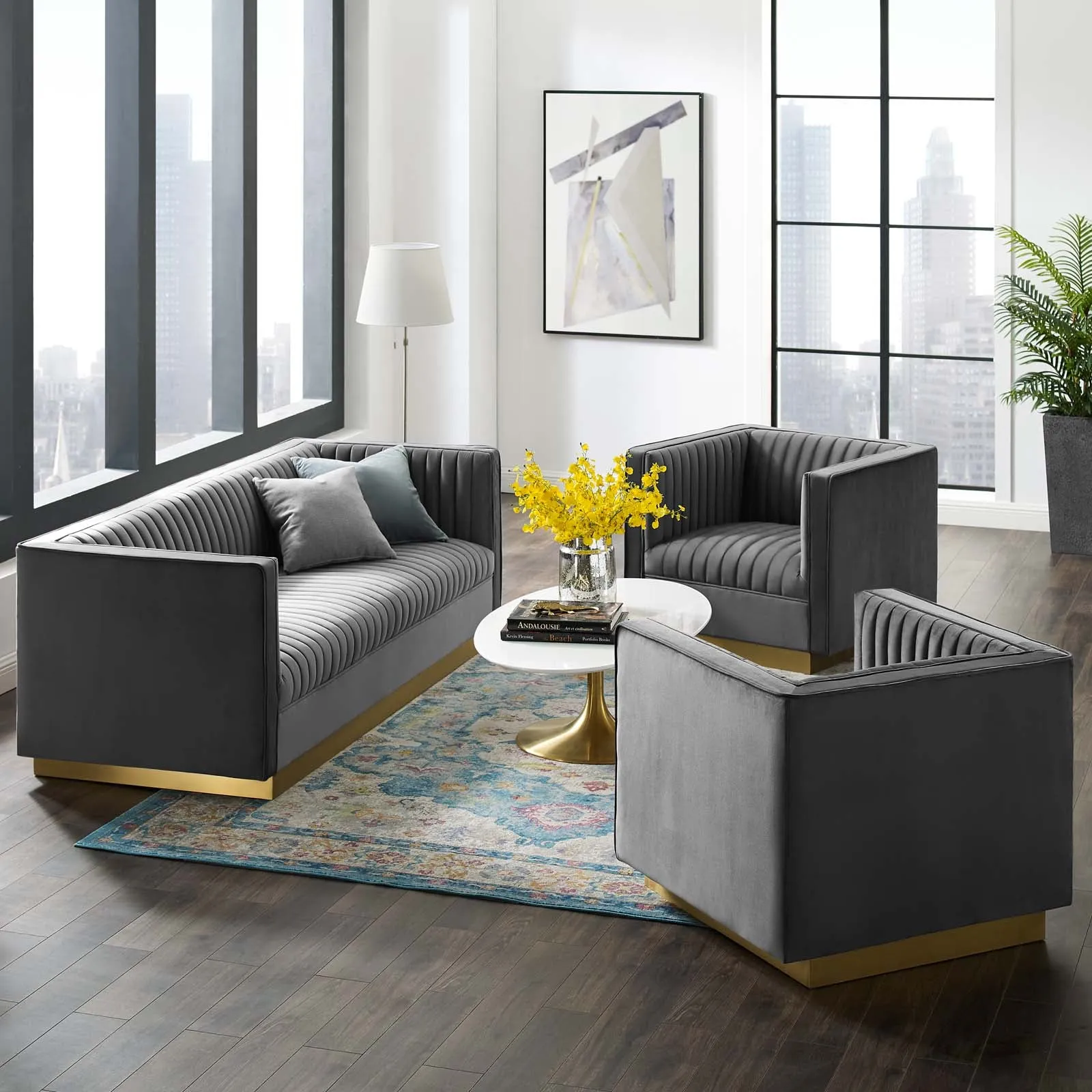 Sanguine 3 Piece Vertical Channel Tufted Upholstered Performance Velvet Set by Modway