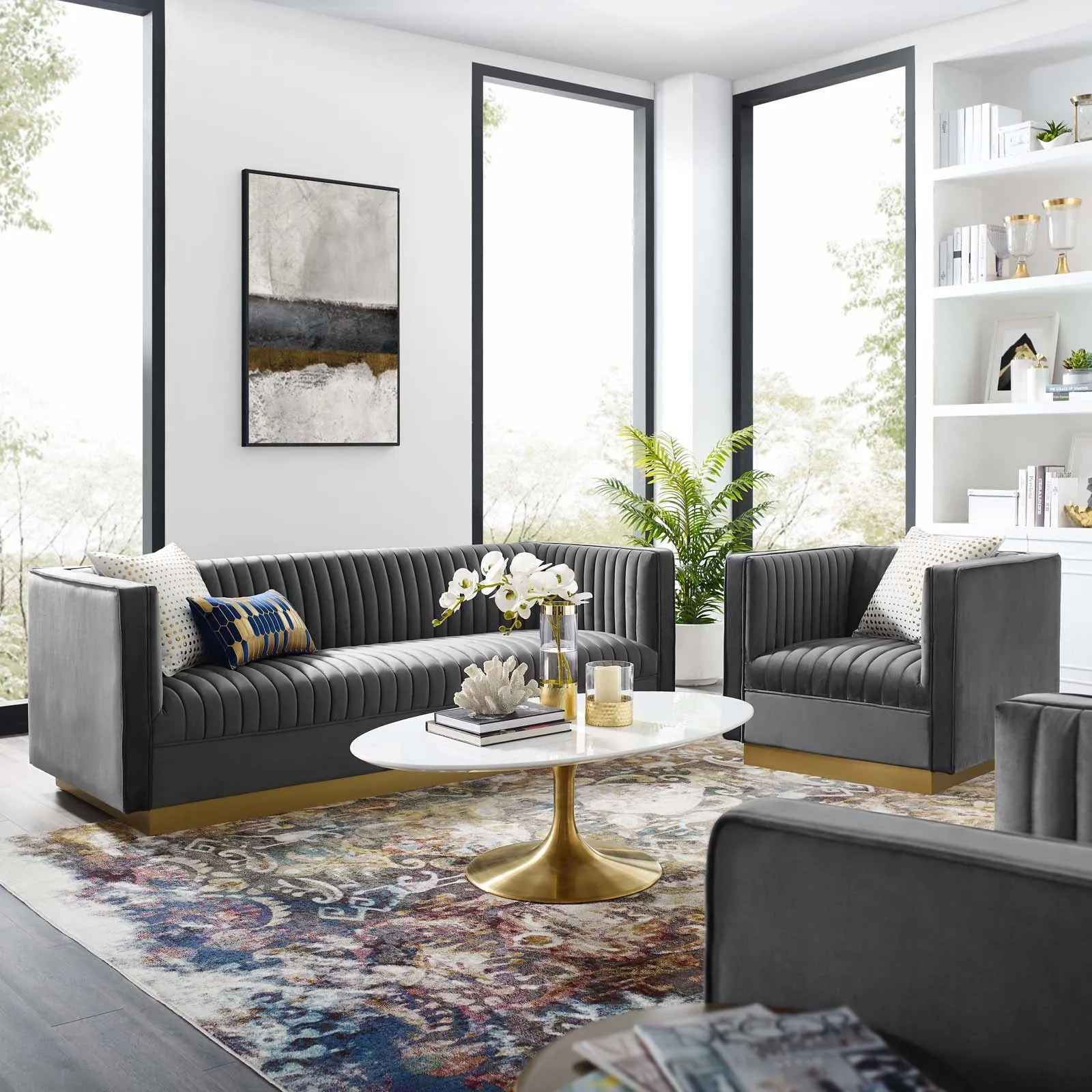Sanguine Vertical Channel Tufted Upholstered Performance Velvet Sofa and Armchair Set by Modway