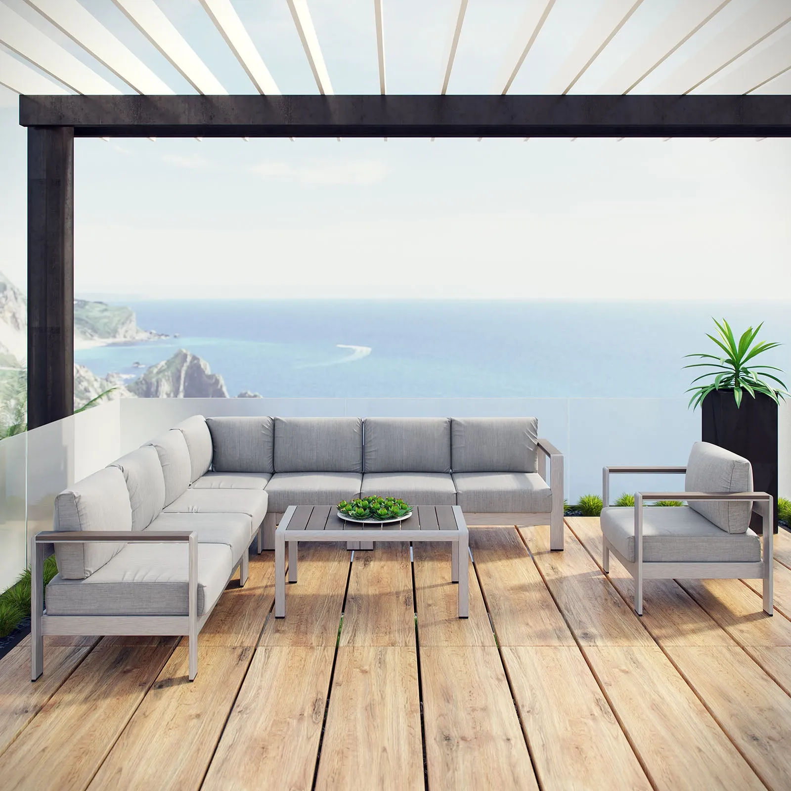 Shore 7 Piece Outdoor Patio Aluminum Sectional Sofa Set by Modway