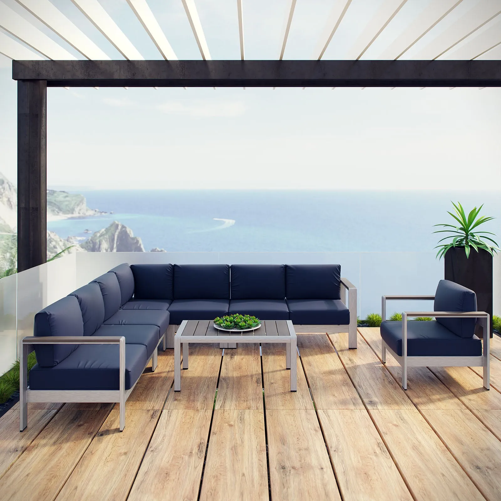 Shore 7 Piece Outdoor Patio Aluminum Sectional Sofa Set by Modway