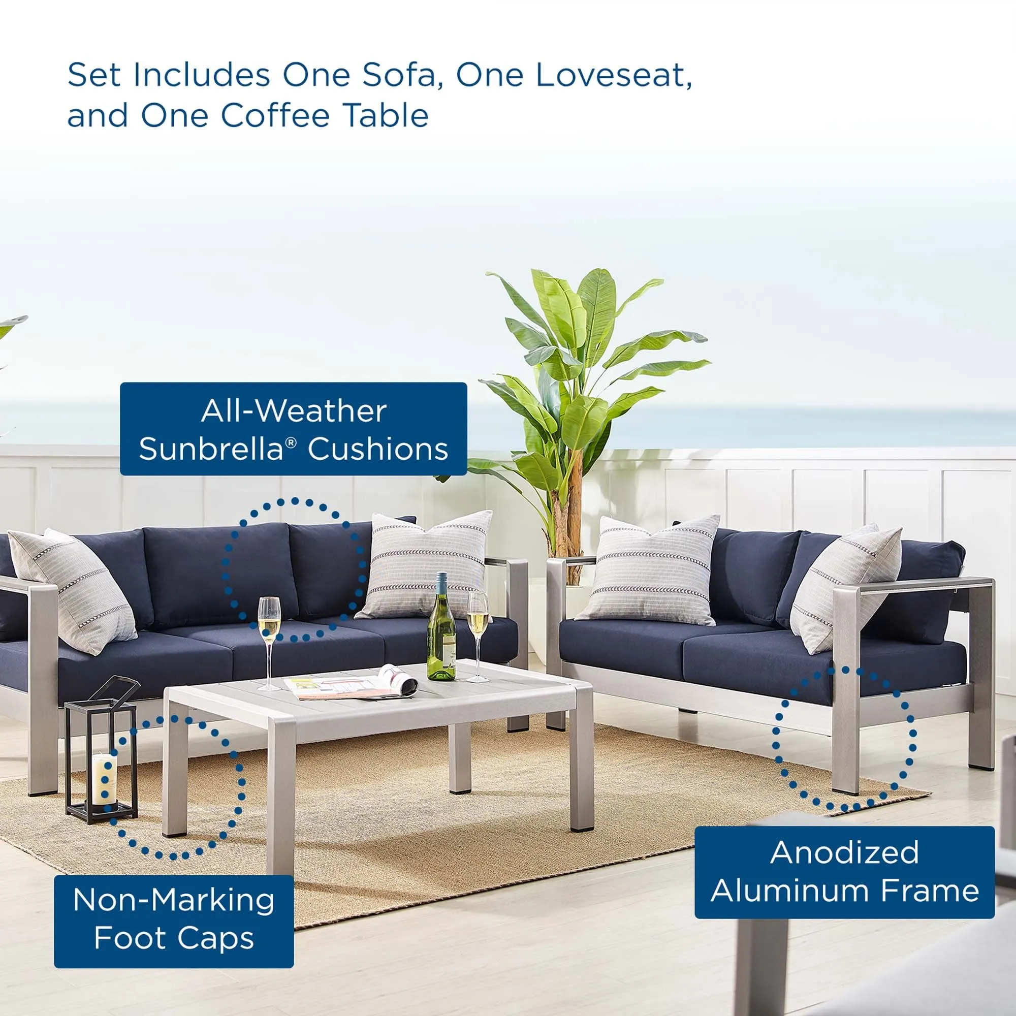 Shore Sunbrella® Fabric Outdoor Patio Aluminum 3 Piece Set by Modway
