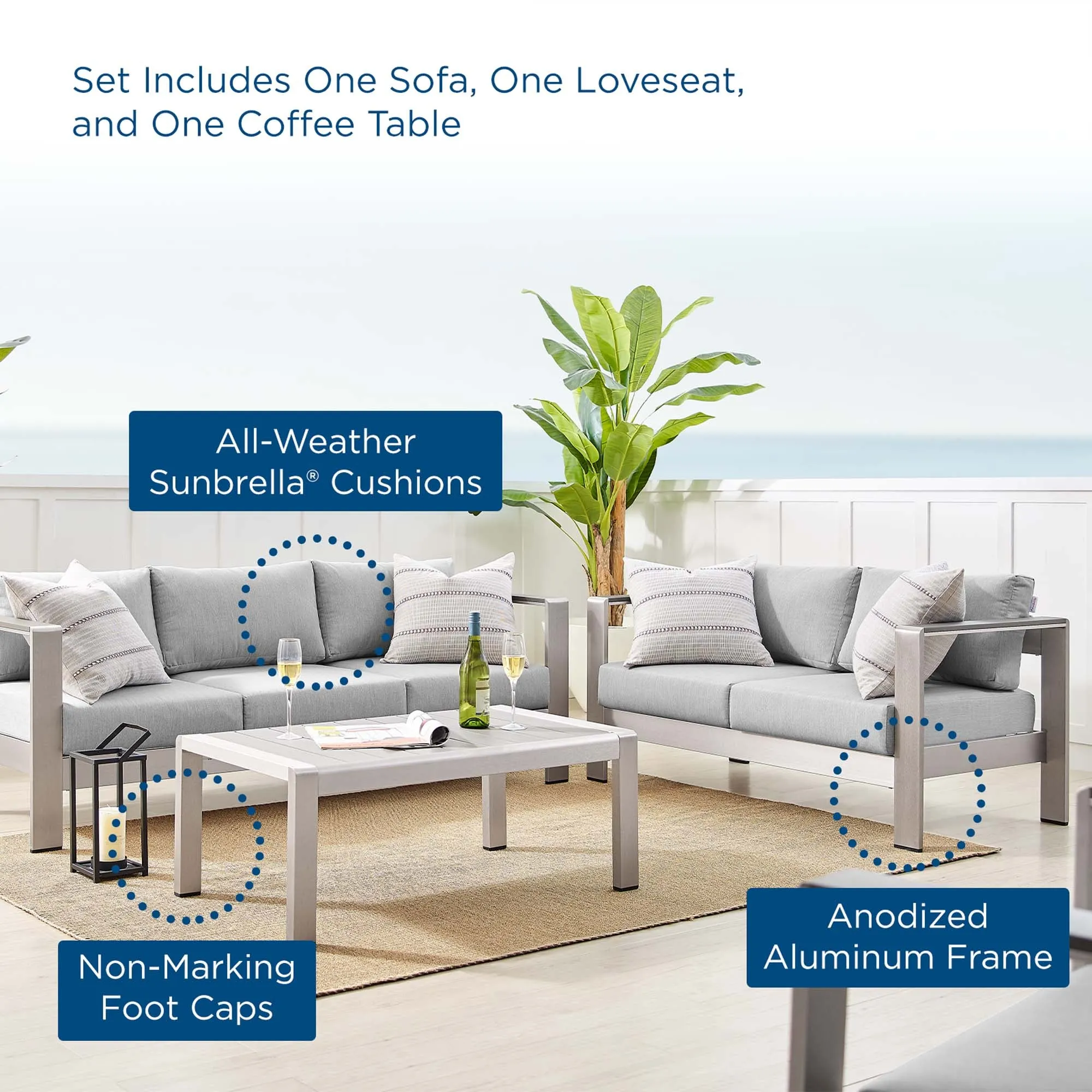 Shore Sunbrella® Fabric Outdoor Patio Aluminum 3 Piece Set by Modway