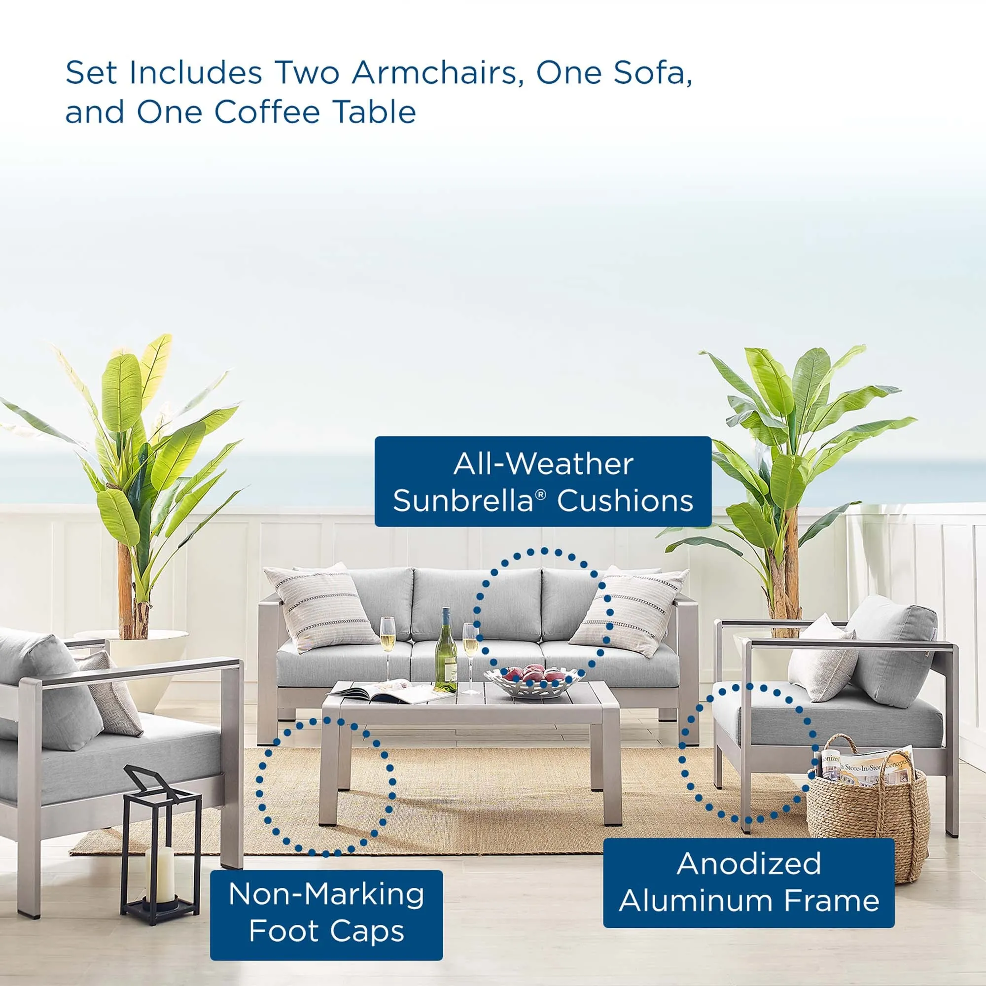 Shore Sunbrella® Fabric Outdoor Patio Aluminum 4 Piece Set by Modway