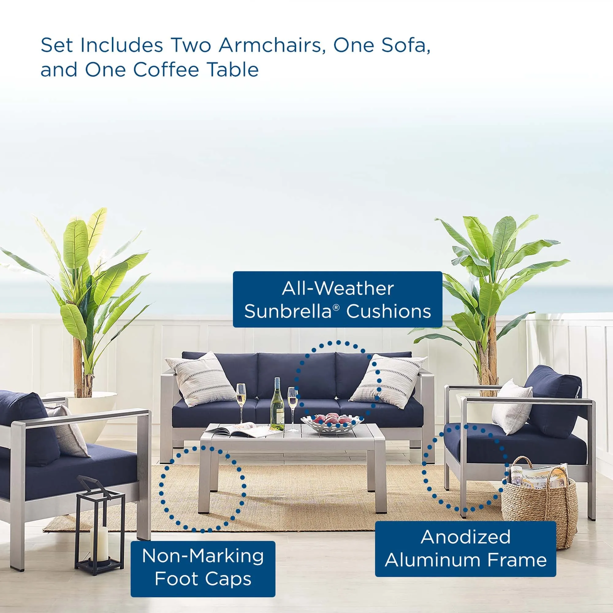 Shore Sunbrella® Fabric Outdoor Patio Aluminum 4 Piece Set by Modway