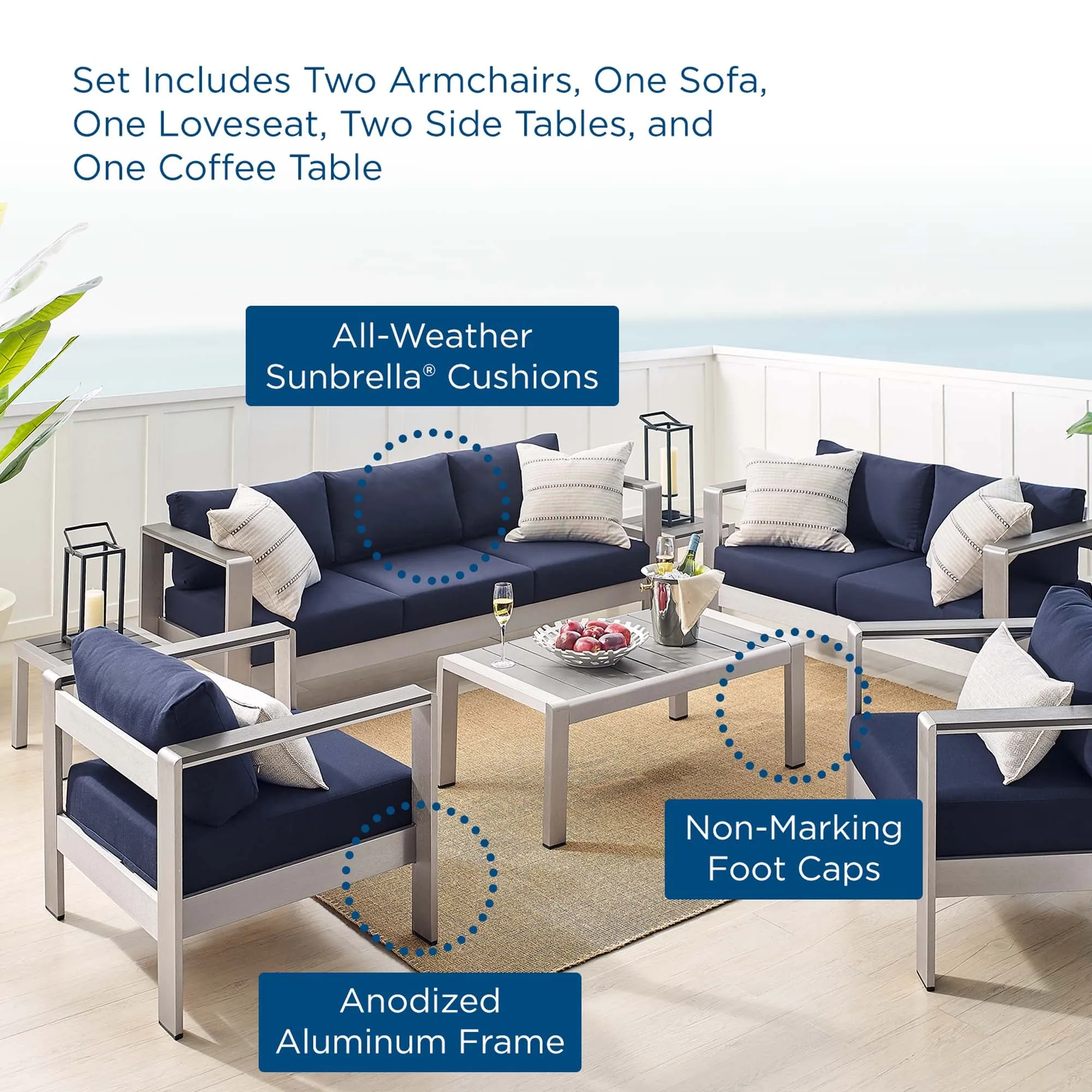 Shore Sunbrella® Fabric Outdoor Patio Aluminum 7 Piece Set by Modway