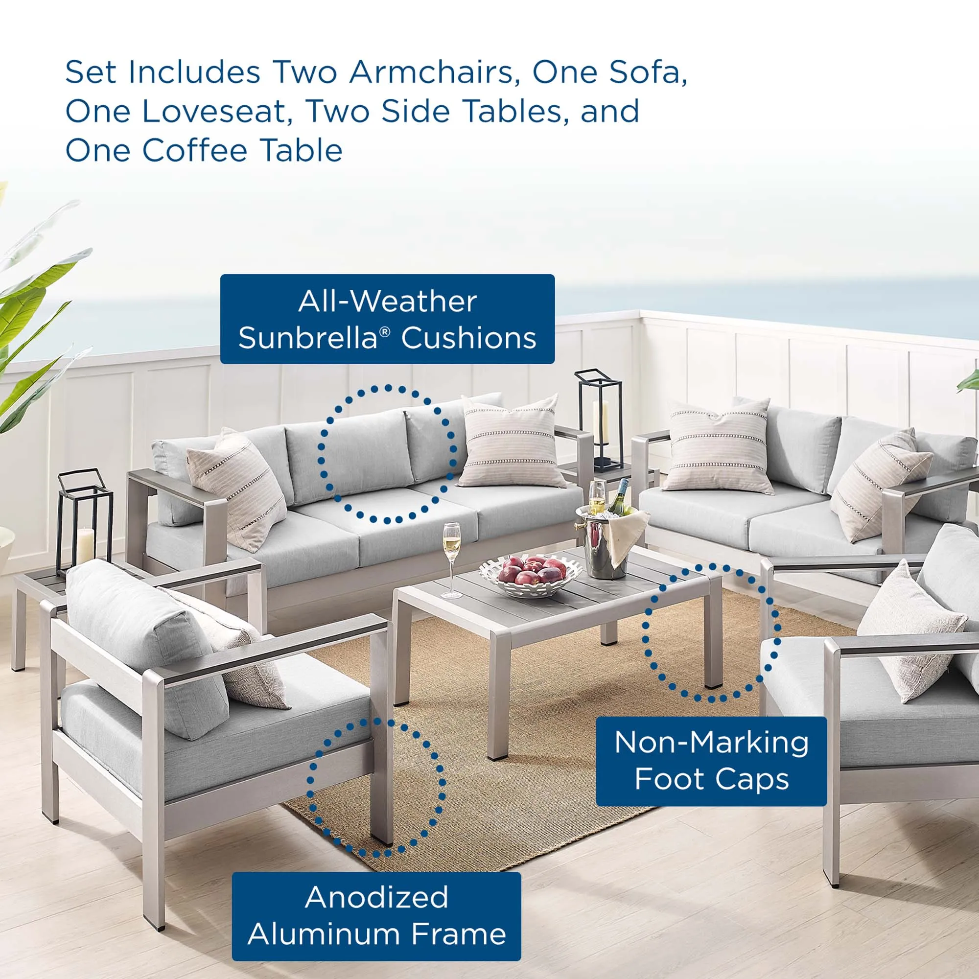 Shore Sunbrella® Fabric Outdoor Patio Aluminum 7 Piece Set by Modway