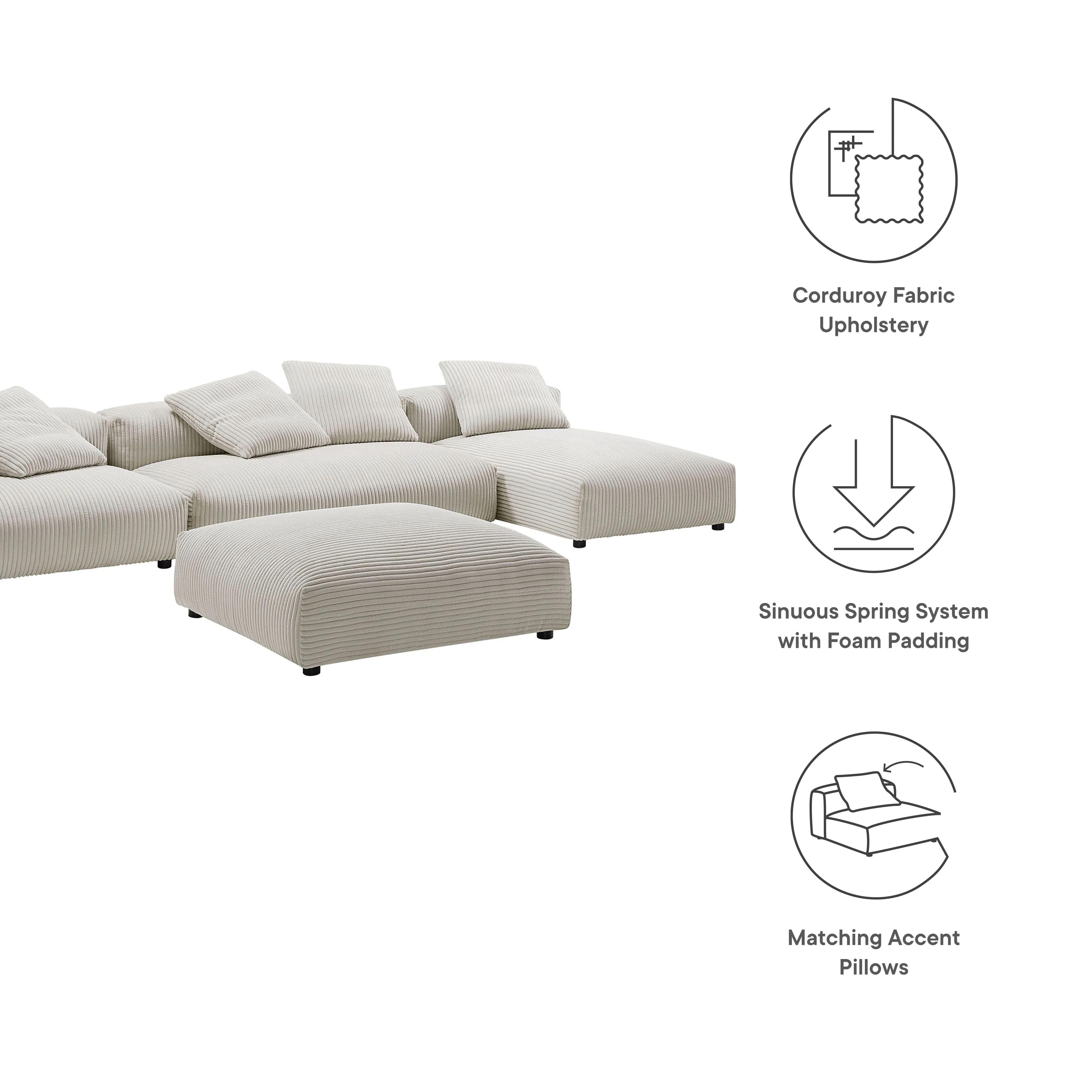 Solace 4-Piece Modular Corduroy Upholstered Sectional Sofa With Ottoman by Modway