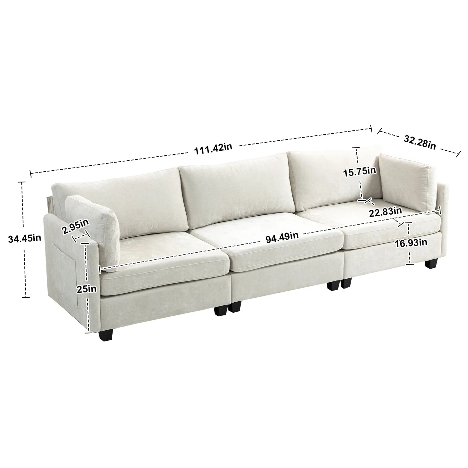 Streamdale 111.42x32.28" 3-Seater Chenille Sofa - Comfy, Cloud-Soft, with Side Pocket