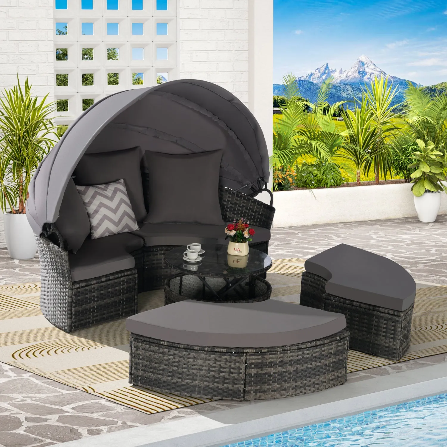 Streamdale 5pc Outdoor Patio Daybed Set Retractable Canopy & Cushions