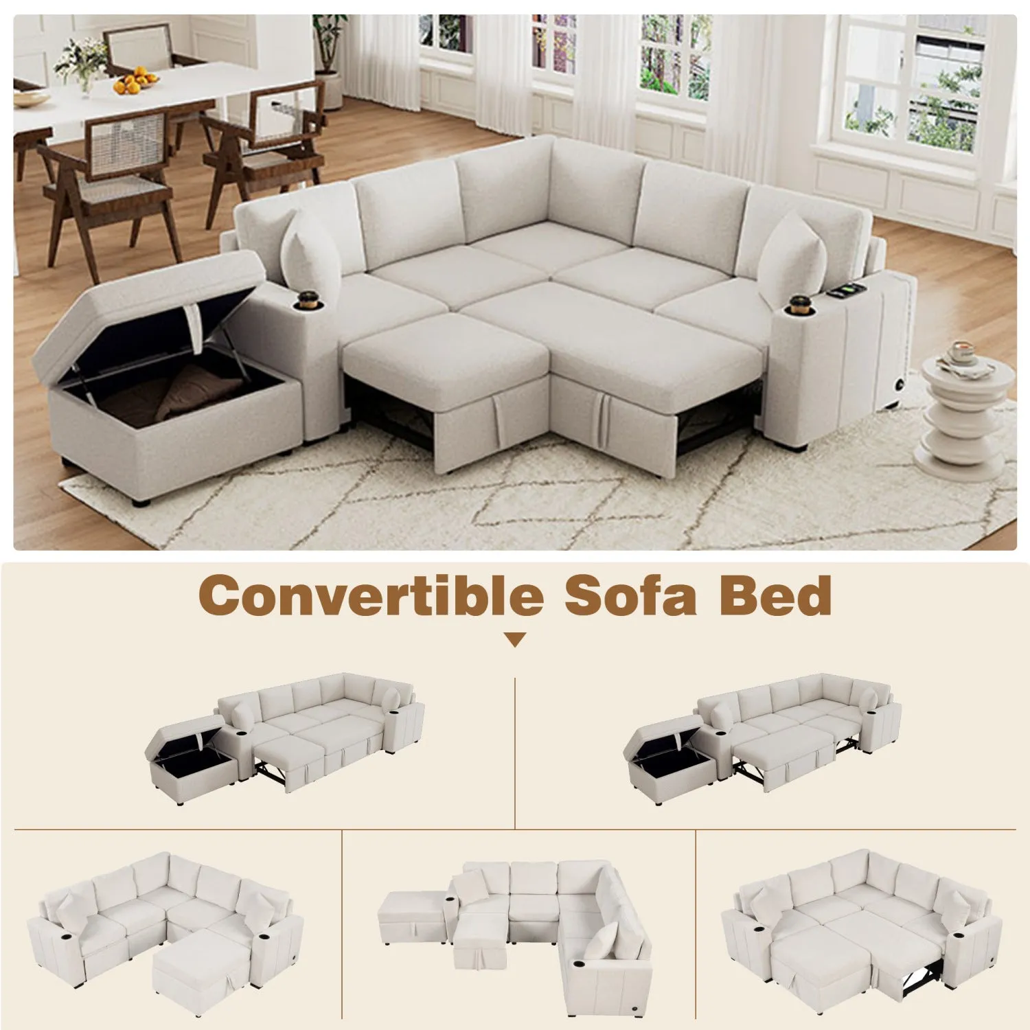 Streamdale 84.7" Convertible Sectional Sofa Bed with Ottoman