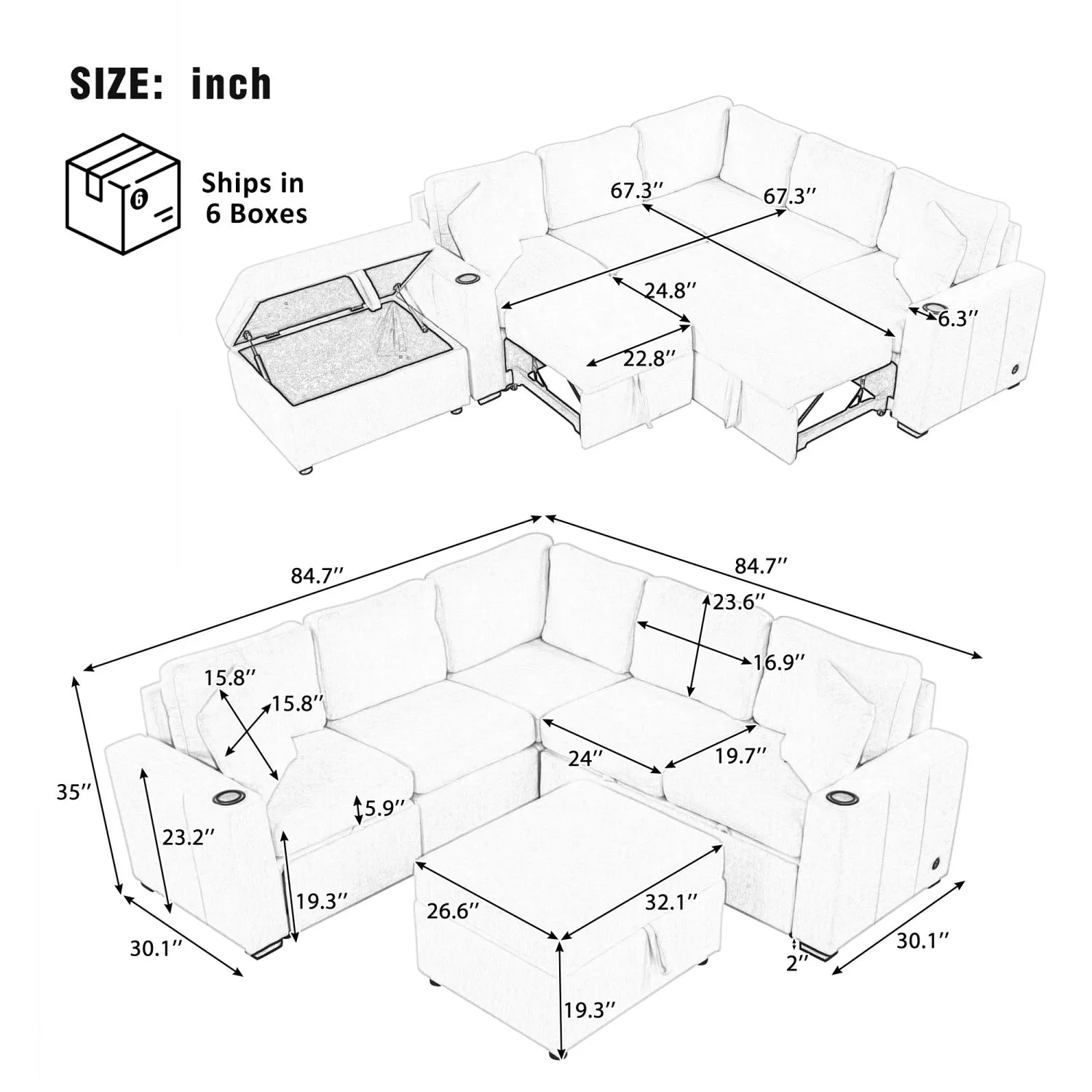 Streamdale 84.7" Convertible Sectional Sofa Bed with Ottoman