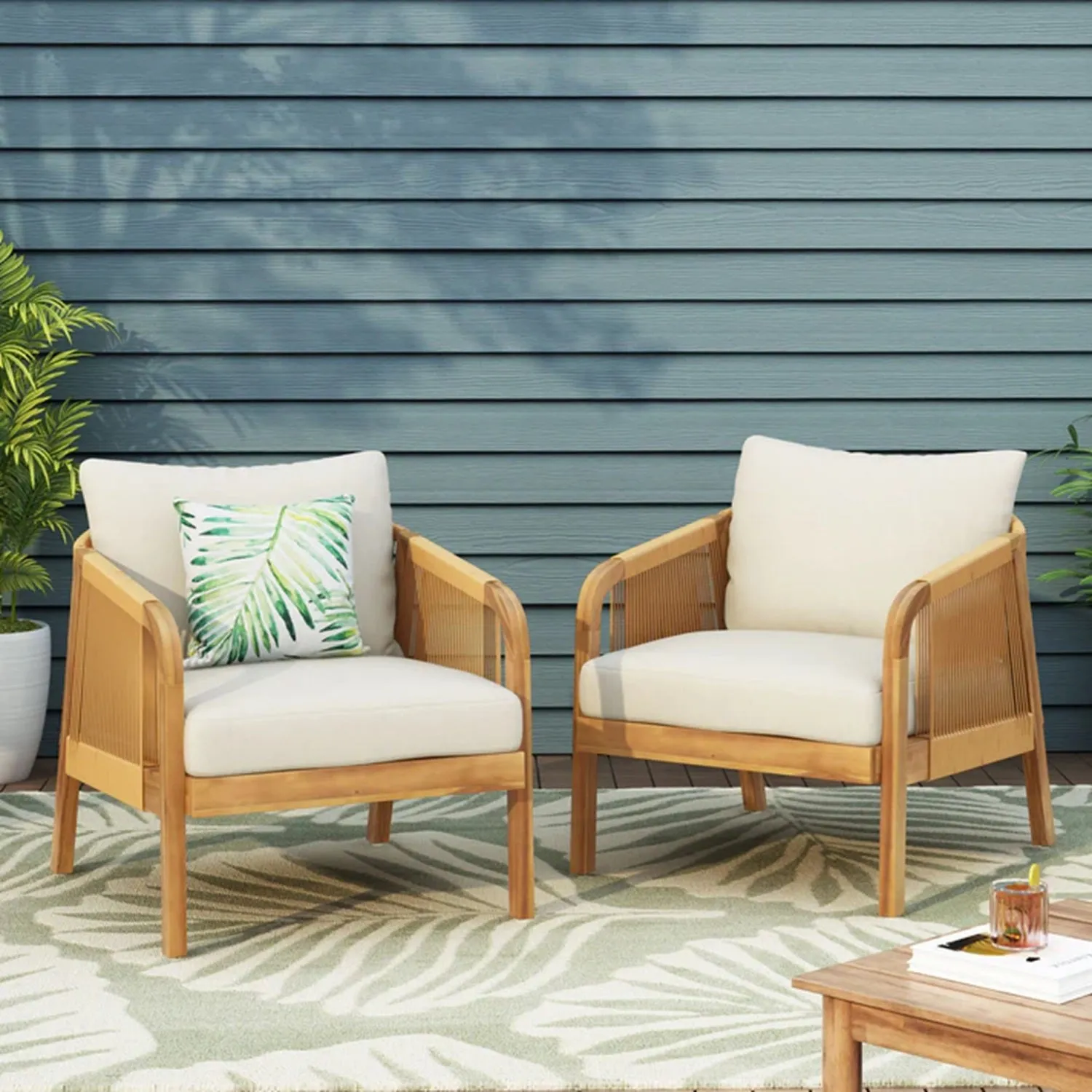 Streamdale Acacia & Wicker Outdoor Club Chairs - Brown/Beige