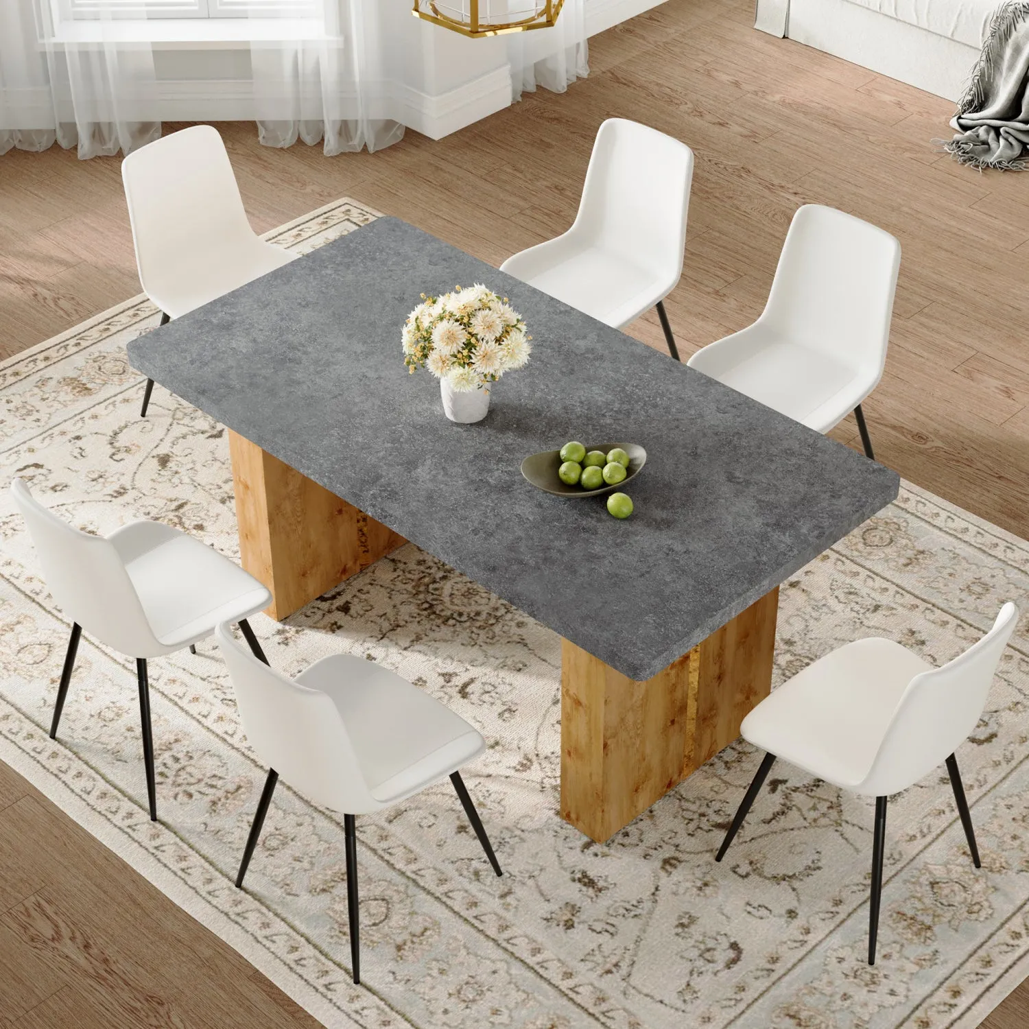 Streamdale Cozy Modern Dining Set: 67" Table & 6 White Leather Chairs