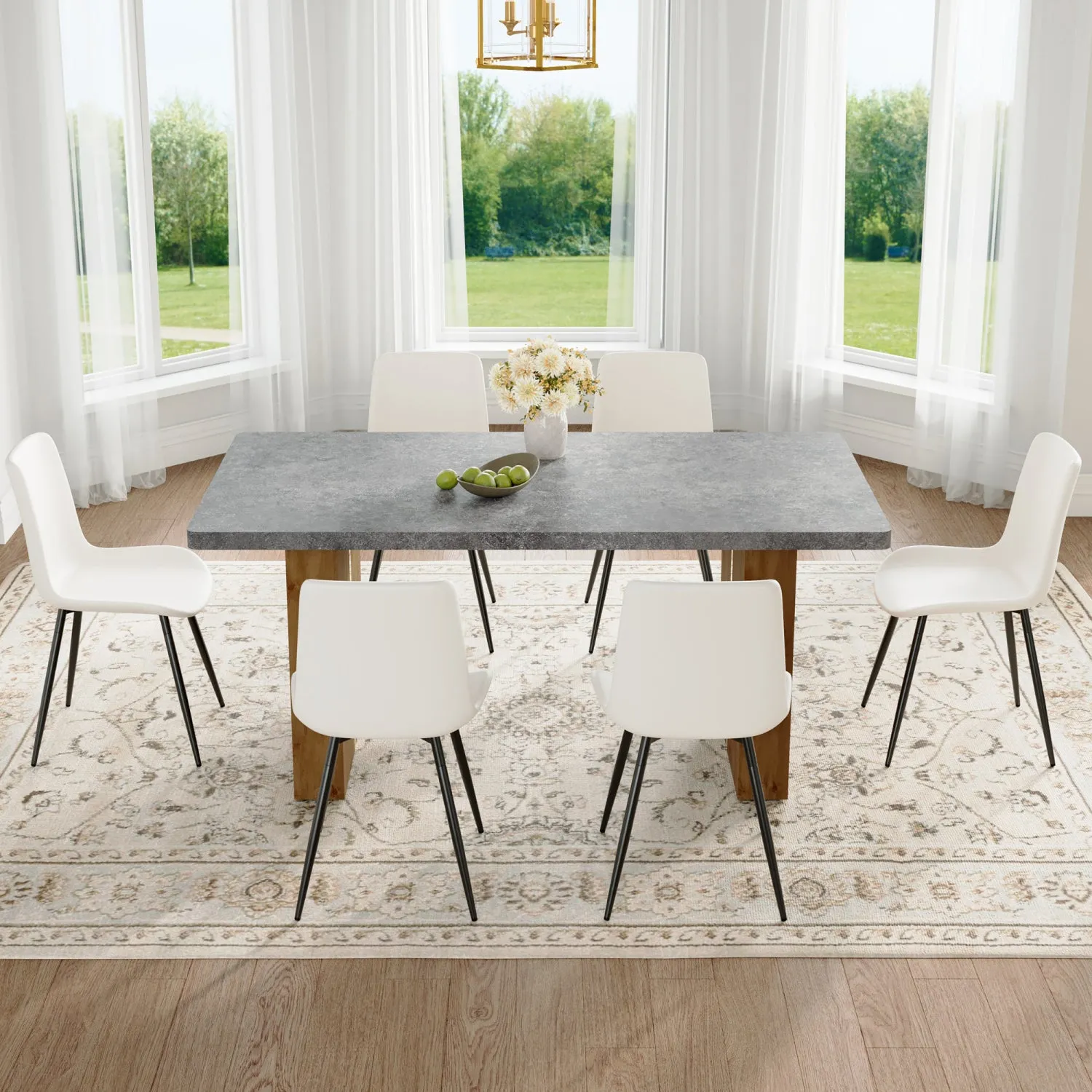 Streamdale Cozy Modern Dining Set: 67" Table & 6 White Leather Chairs