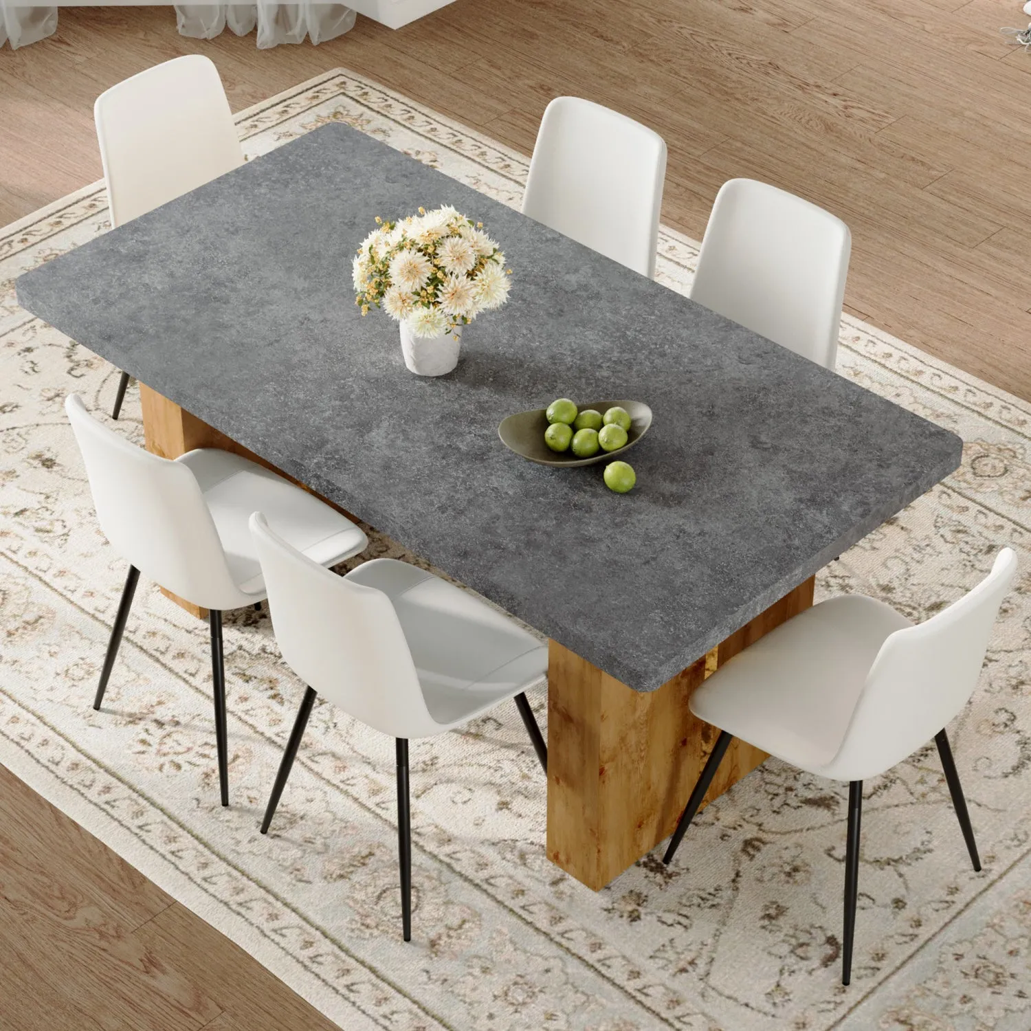Streamdale Cozy Modern Dining Set: 67" Table & 6 White Leather Chairs