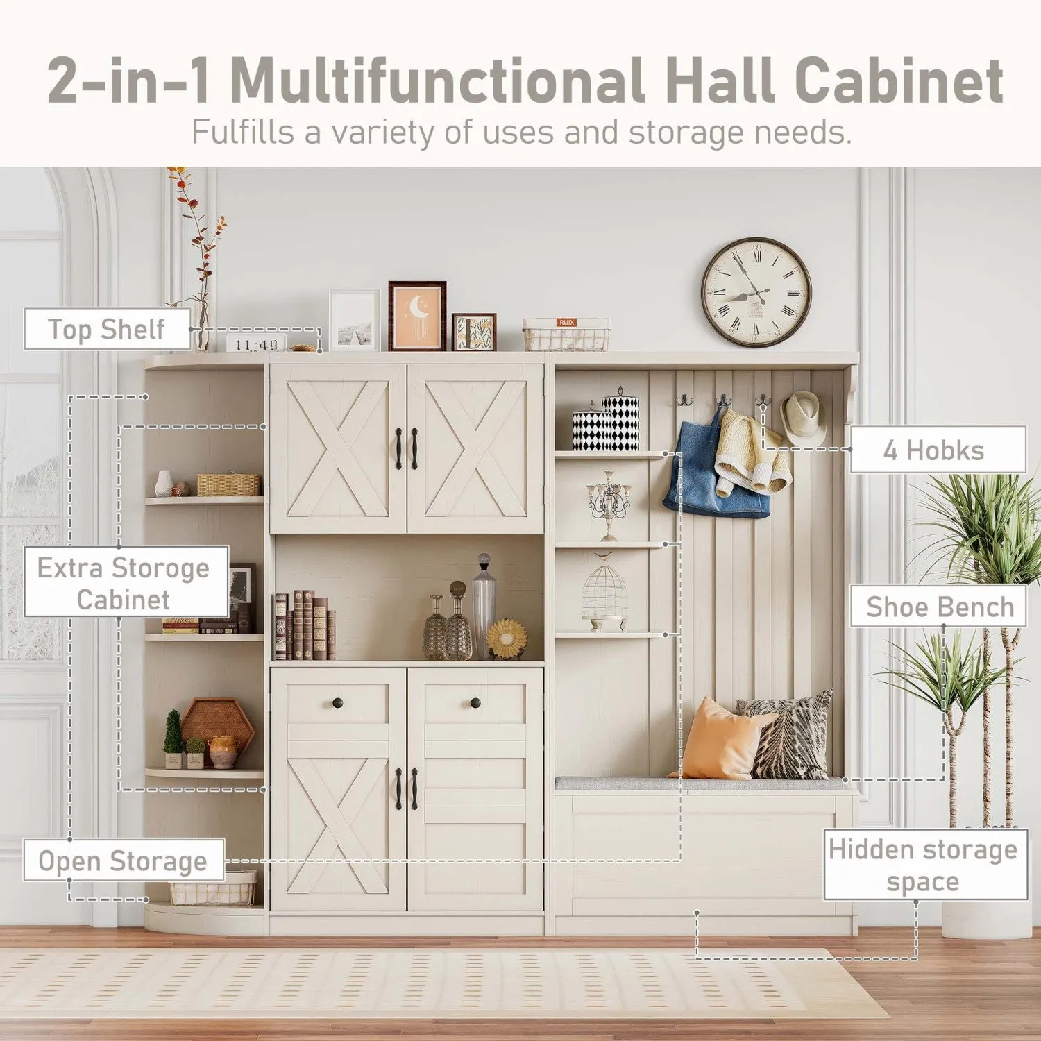 Streamdale Hall Cabinet w/ Storage & Hooks - Beige