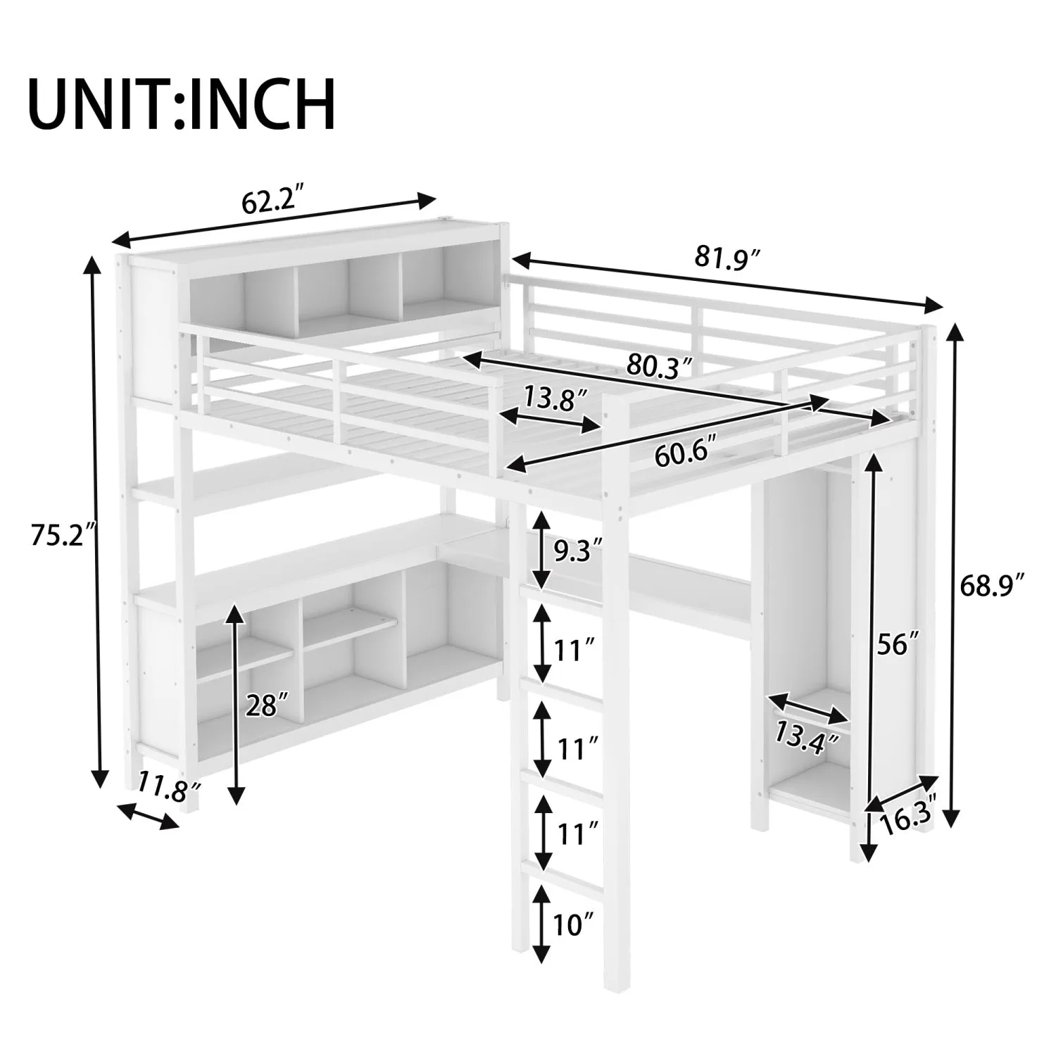 Streamdale Queen Loft Bed with Desk & Wardrobe - White