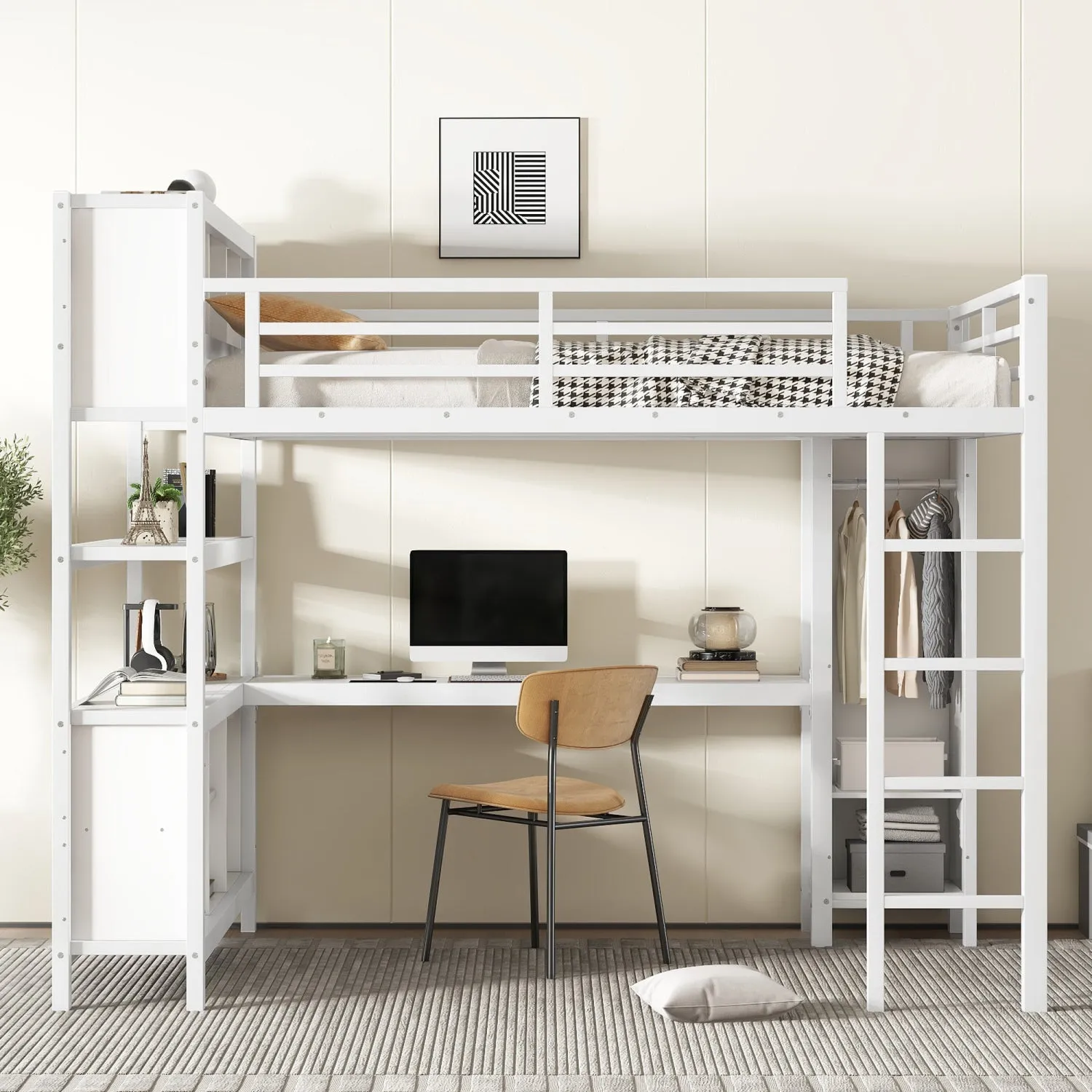 Streamdale Queen Loft Bed with Desk & Wardrobe - White