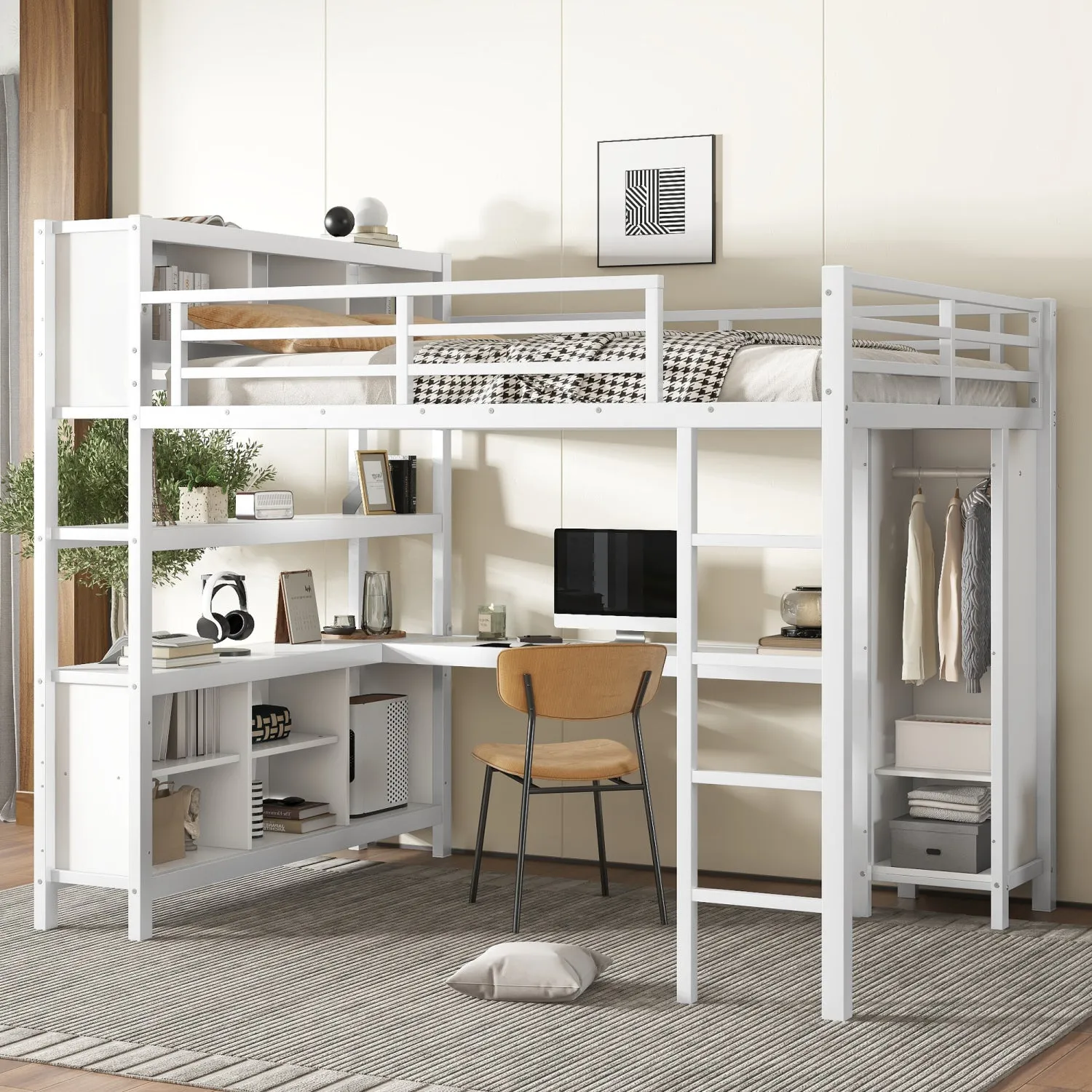 Streamdale Queen Loft Bed with Desk & Wardrobe - White