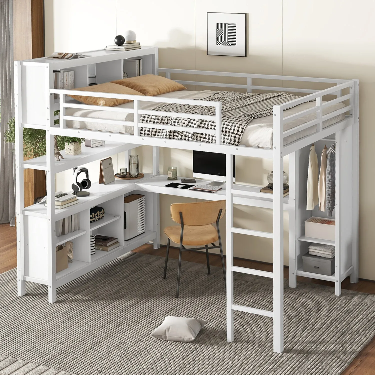 Streamdale Queen Loft Bed with Desk & Wardrobe - White