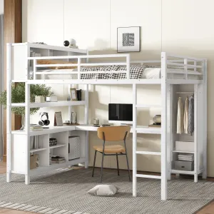 Streamdale Queen Loft Bed with Desk & Wardrobe - White