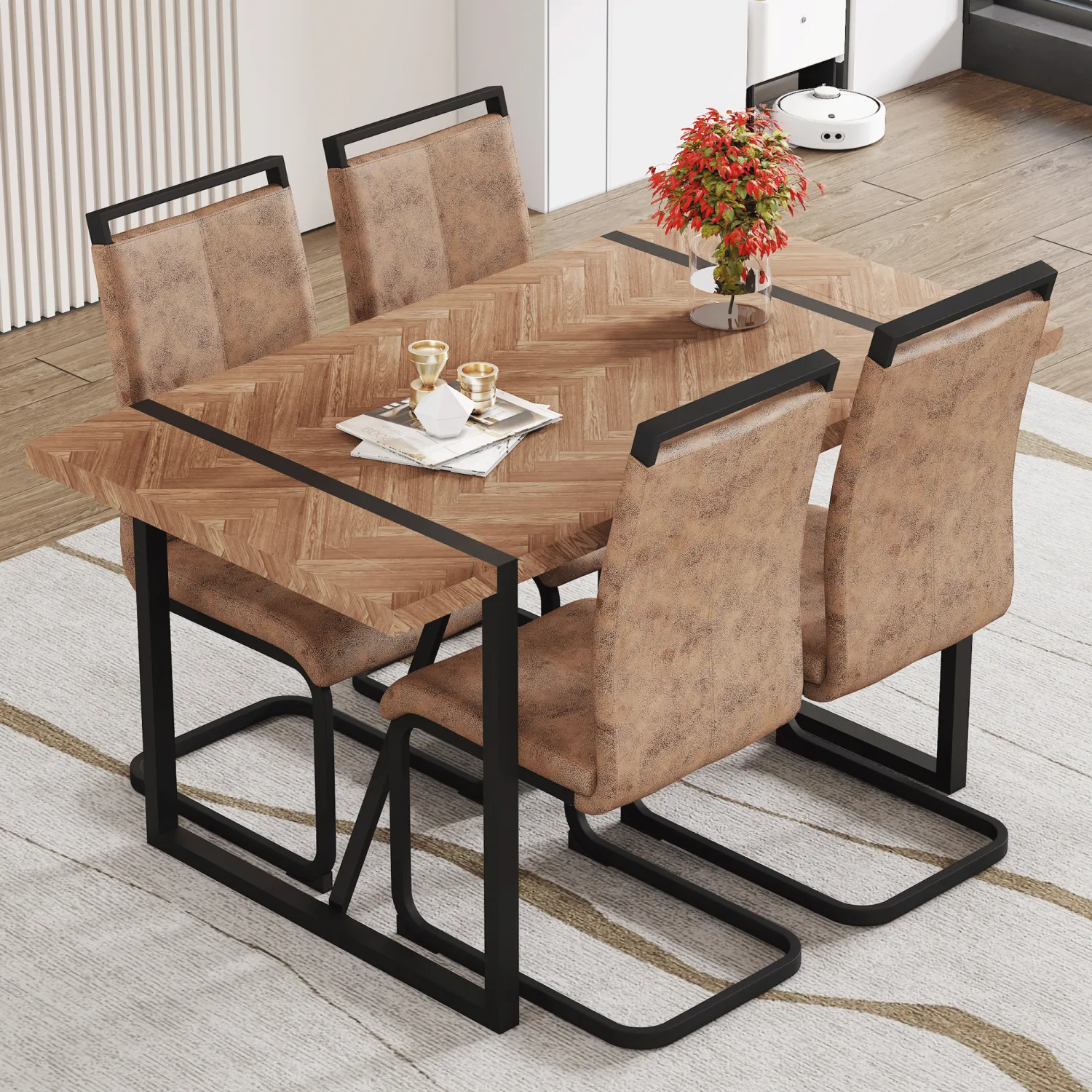 Streamdale Retro Wood Table & 4 Brown Tech Fabric Chairs