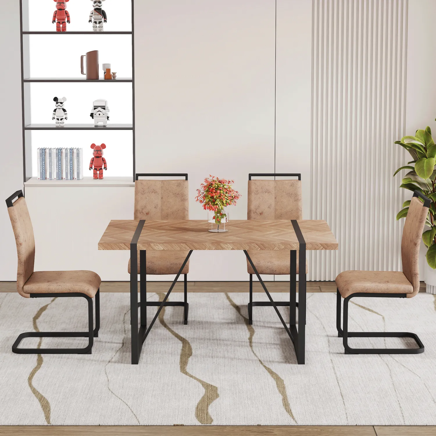 Streamdale Retro Wood Table & 4 Brown Tech Fabric Chairs