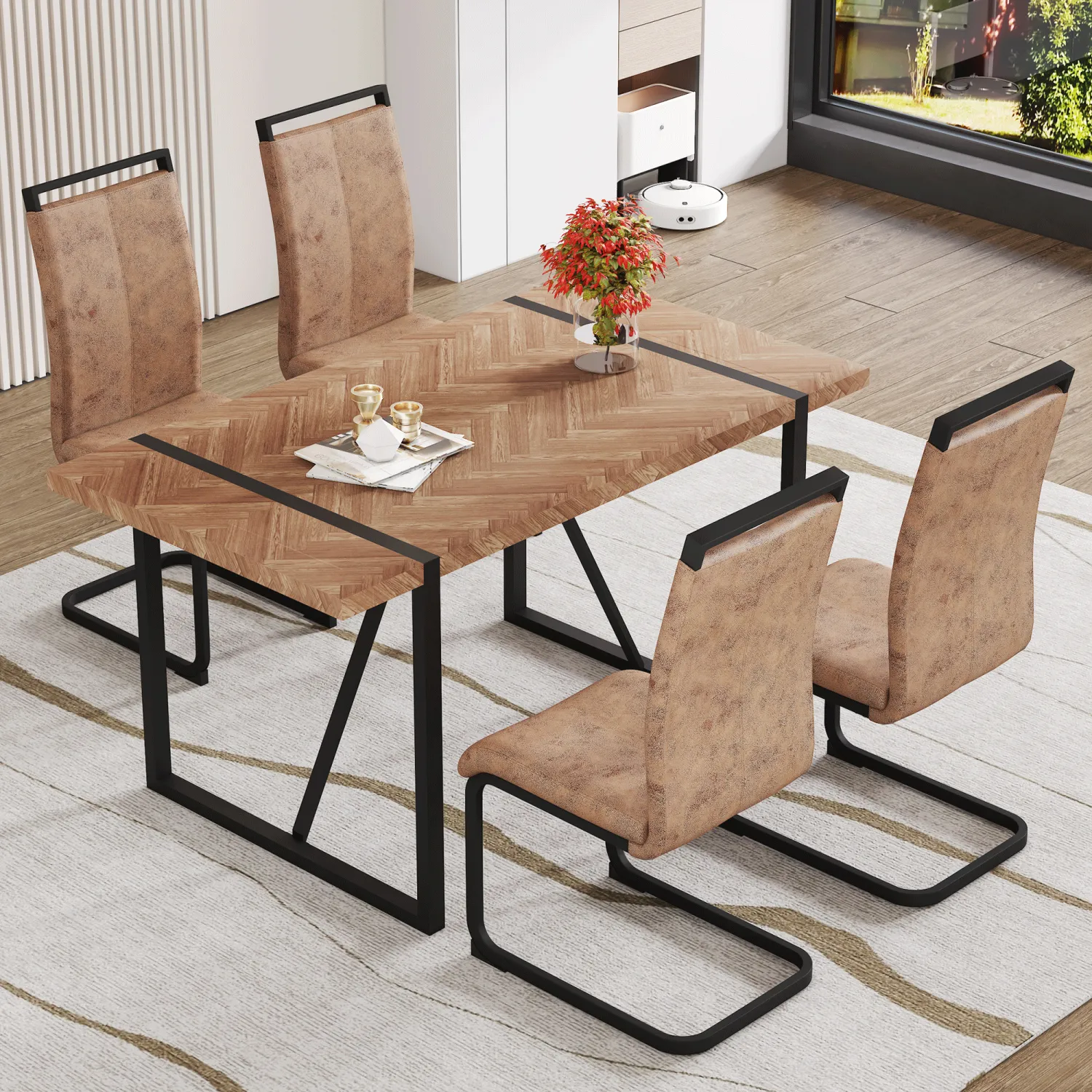 Streamdale Retro Wood Table & 4 Brown Tech Fabric Chairs