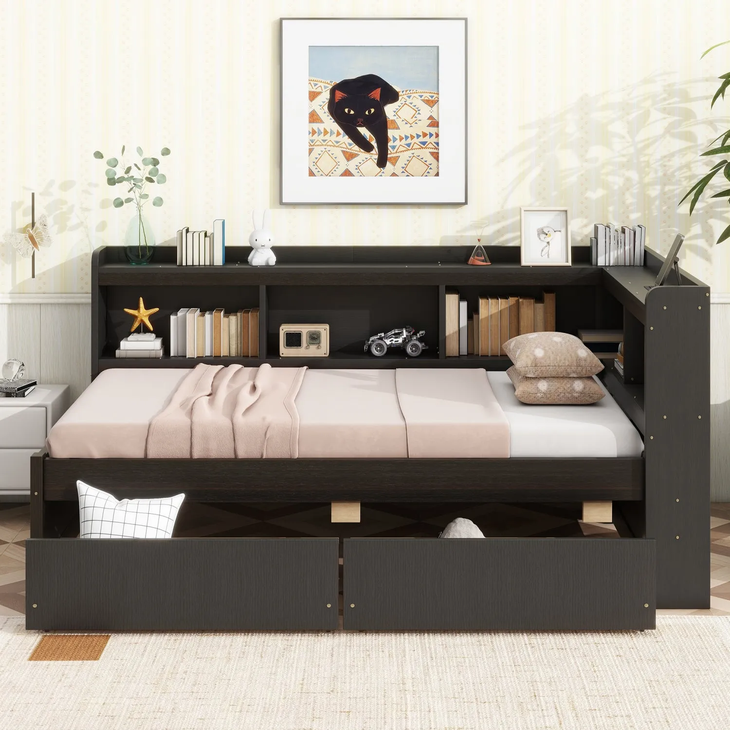 Streamdale Twin L-Shaped Bookcase Bed w/ Outlets & Drawers - Espresso